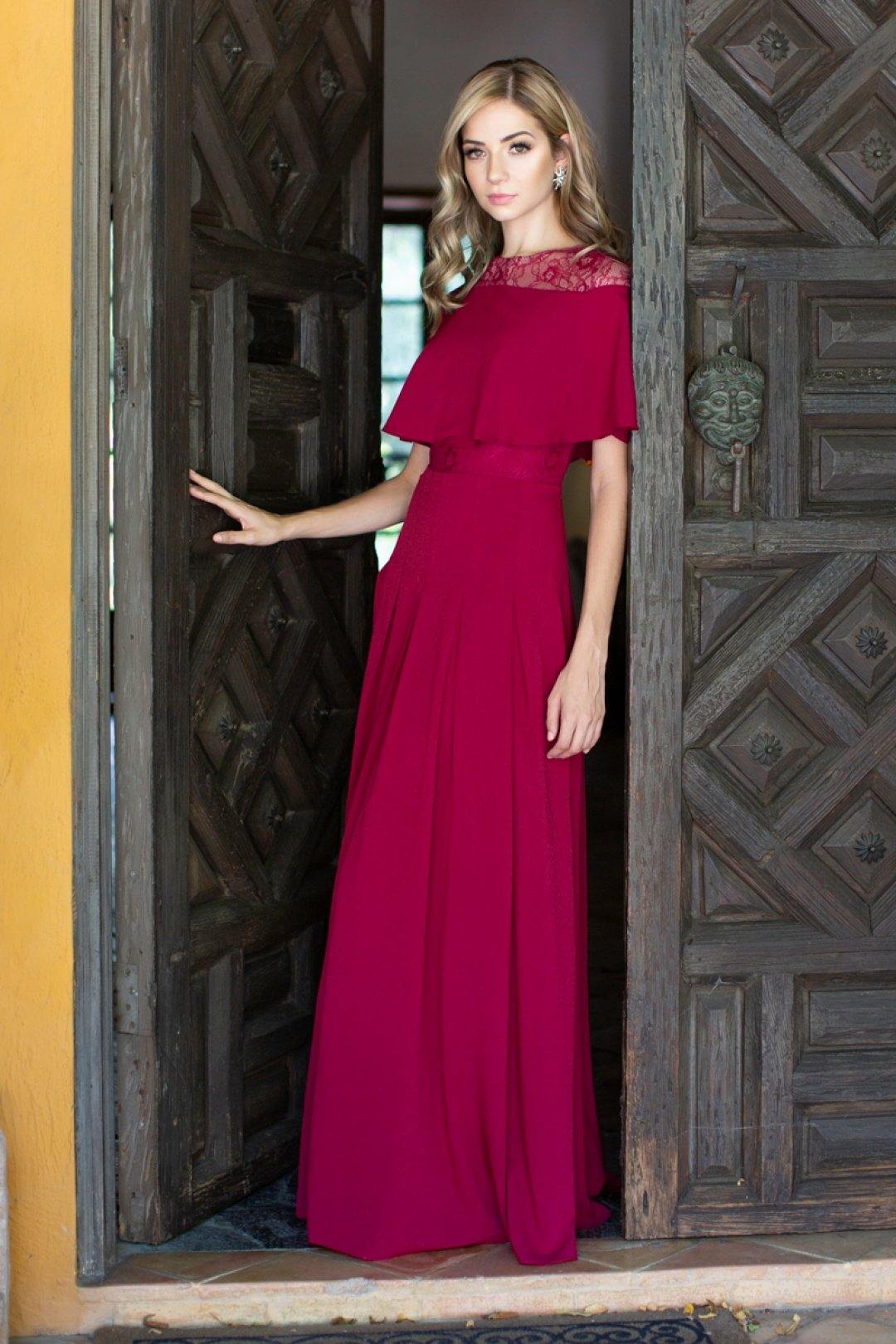 This stunning floor length dress features crew neck illusion cape sleeve with lace pleated dress. Perfect for formal, evening party or any special occasion.<br><br><br>Fabric : Lace, Polyester<br><br>Closure : Zipper Back<br><br>Length : Full length<br><br>Sleeve Style : Cape Sleeve<br><br>Color : Wine<br><br>Sizes : 0, 2, 4, 6, 8, 10, 12, 14, 16, 18, 20<br><br>Fully Lined<br><br>Soft Cup Inserts<br><br>Occasion : Formal, Evening Party, Church, Wedding Guest, Dinner Party, Special Occasion