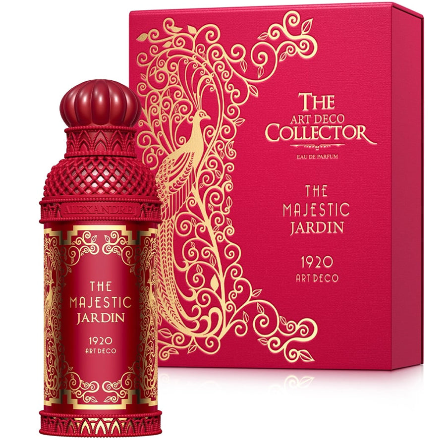 <p>Majestic Jardin is one of the six sophisticated fragrances in the Art Deco Collection. Art deco collection launched in 2020 to celebrate 100 years of the predominant decorative art style of the 1920s - style of visual arts, architecture, and design. Alexandre J reprises his signature style with this stunning design, finest raw materials, and bright colors.</p>
<p>Majestic Jardin is an Eau de Parfum comes in a 100ml red elaborated bottle. Alexandre J is famous for his love of art and culture and for constantly seeking new excitement. The spirit of this perfume is exoticism.Majestic Jardin is an upshot of his journey to discover the mystique and exoticism of the East and Asia. It’s the celebration gleaming and dazzling endless parties take place in cedar lined gardens, where cherry blossoms flutter in the smoke from the hookahs. Majestic Jardin is a spicy oriental fragrance that takes you on a journey through the almond blending with the richness of cherry, black paper, and warm wrap of vanilla.</p>
<p> </p>
<p>The Majestic Jardin brings spicy floral tones to the forefront. The sophisticated scent opens with notes of almond, joined by rich cherry and hints of black pepper. The warm vanilla, Virginia cedar, and Patchouli take you to a magical world of fragrance. This long-lasting fragrance stays in your skin and the air all day long.</p>
<p><strong>Top notes:</strong> Almond, Bitter<br><strong>Heart notes:</strong> Cherry flower, Cherry, Black pepper<br><strong>Base notes:</strong> Vanilla, Virginia cedar, Patchouli, Narghile</p>
<p><br></p>