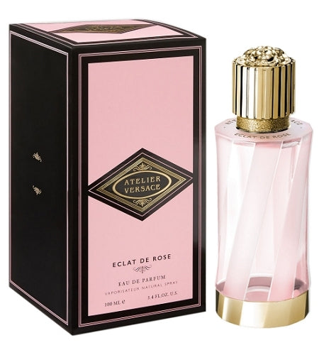 The luxury fragrances embodies the Atelier Versace absolute dedication to excellence, encompassing a studious approach to exceptional quality components, innovative techniques and hand-craftsmanship. Éclat de Rose boasts the Moroccan Rose Centifolia: the delicate flowers are hand-picked during the early hours of the morning and then rapidly processed. Velvety rose accords are complemented by Ambrox, a signature note that reveals facets of amber, incense, wood, tobacco and musk. The perfume boasts a hand-made clear glass bottle enriched with the name of the fragrance written in a gold tone. The sculptural bottle is packed into a paper box embellished by a gold-tone Greek Key border painted by hand. The box reveals a mirror that features the Atelier Versace logo painted in a gold tone.