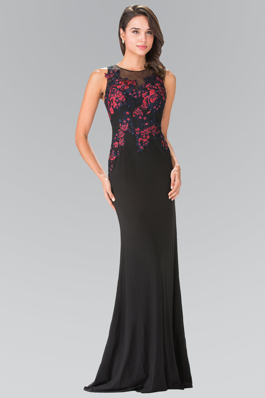 This long dress features an illusion jewel neckline and a cut-out open back. It is detailed with lovely embroidered flowers that highlight the hips. Perfect for formal, evening party or any special occasion.<br><br><br>Fabric : Jersey<br><br>Closure : Zipper Back<br><br>Length : Full Length<br><br>Sleeve Style : Sleeveless<br><br>Colors : Black, Burgundy<br><br>Sizes : XS, S, M, L, XL, 2XL<br><br>Fully Lined<br><br>Soft Cup Inserts<br><br>Occasion : Formal, Prom, Homecoming, Wedding Guest, Evening Party, Red Carpet, Pageant, Special Occasion 