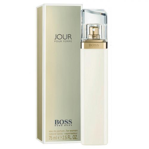 Feel like the lady boss you were born to be when you spritz your neck and pulse points with a little Boss Jour Pour Femme, a sweet and fruity women's eau de parfum by Hugo Boss. Introduced in 2013, this yummy fragrance opens with top notes of crisp lime and grapefruit blossom that descend into a heart of rich floral notes that includes fragrant honeysuckle. Warm amber and woody birch notes harmonize the scent at the base, lingering deliciously on your skin as the aroma dries down.