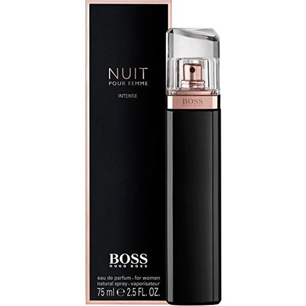 Boss Nuit Intense Perfume by Hugo Boss, Introduced in 2014, Boss Nuit Intense is a women’s floral perfume with woody, powdery, white floral, and fruity main accords. Starting with the sole top note of peach, the fragrance then brings about middle notes of white flowers, violet, and jasmine. Woody notes, sandalwood, and moss base notes complete this blend. With moderate sillage and longevity, this scent works best on spring and fall days and nights.