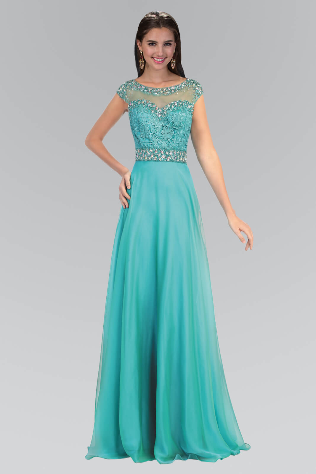 <p><br><span>The dress boasts a cap sleeve, illusion bateau neckline, lace applique embellished bodice, jewel ornate bodice and waistline, sheer back and chiffon A-line silhouette skirt.</span></p> <p> </p> <p><span>Fabric : Lace<br><br>Closure : Back Zipper<br><br>Sleeve Style : Cap Sleeve<br><br>Color : Jade<br><br>Sizes : S, M, L, XL, 2XL, 3XL<br><br>Fully Lined<br><br>Occasion : Formal, Prom, Homecoming, Special Occasion</span></p> 