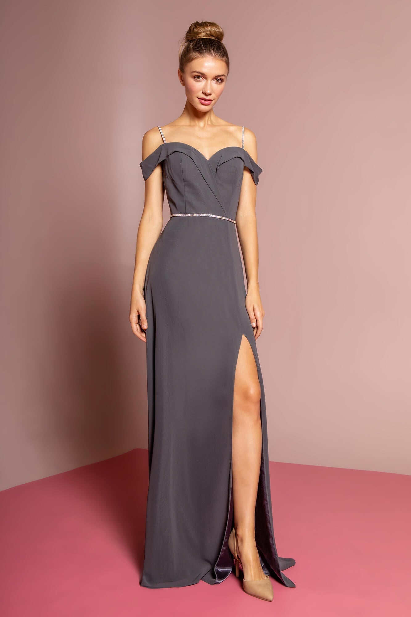 <p> </p> <p>This elegant long formal dress features a <span>fitted bodice is styled with off the shoulder sweetheart neckline and is supported with spaghetti straps. The back is styled with a zipper closure while the chiffon skirt flows towards the floor in an A-line silhouette with a high slit in front.</span></p> <p><br>Fabric : Chiffon<br><br>Closure : Open Back<br><br>Sleeve Style : Cut-away Shoulder<br><br>Colors : Navy, Charcoal, Wine<br><br>Sizes : XS, S, M, L, XL, 2XL, 3XL<br><br>Fully Lined<br><br>Occasion : Formal, Prom, Homecoming, Special Occasion</p>