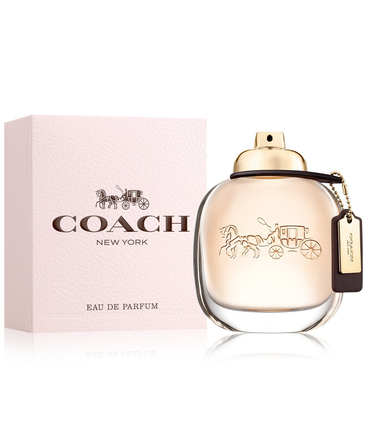 COACH Eau de Parfum by Coach is inspired by the spontaneous energy and downtown style of New York City. A fragrance full of contrasts, opening with bright, sparkling raspberry, giving way to creamy Turkish roses, before drying down to a sensual suede musk base.

The feminine oval bottle references many of Coach's iconic codes. Its spray cap is shaped like a gold turnlock, imitating the signature clasp on Coach bags. Ebony and polished metal hangtags add a distinctive finishing touch. A horse and carriage logo, an enduring symbol of Coach craftsmanship, is subtly engraved into the glass. A nod to femininity, the soft pink packaging features a pebble leather effect as a tribute to the original American leather brand.