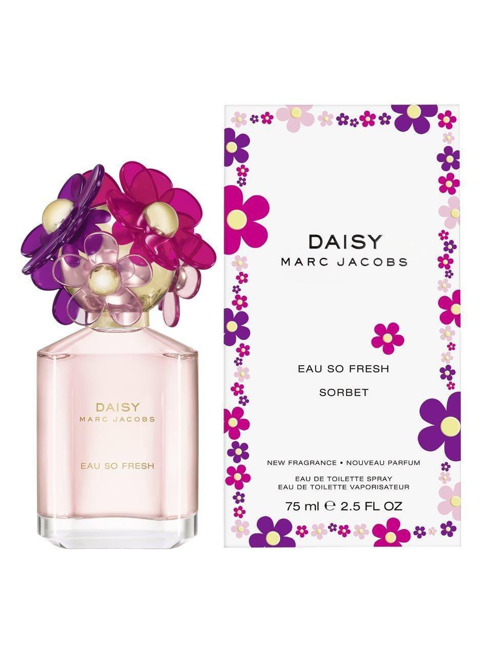 Introduced in 2015. Marc Jacobs presents new limited flankers of the fragrances Daisy (2007) and Daisy Eau So Fresh (2011) as Sorbet Editions. Sorbet Editions are promising colorful, delicate and fresh scents.<br><br>Daisy Eau So Fresh Sorbet is also created by Richard Herpin. The top notes are mandarin, apple blossom and lotus. The heart is composed of magnolia, jasmine and violet. Delicate and creamy woods and musk form the base of the perfume. It is available as 75 ml Eau de Toilette.