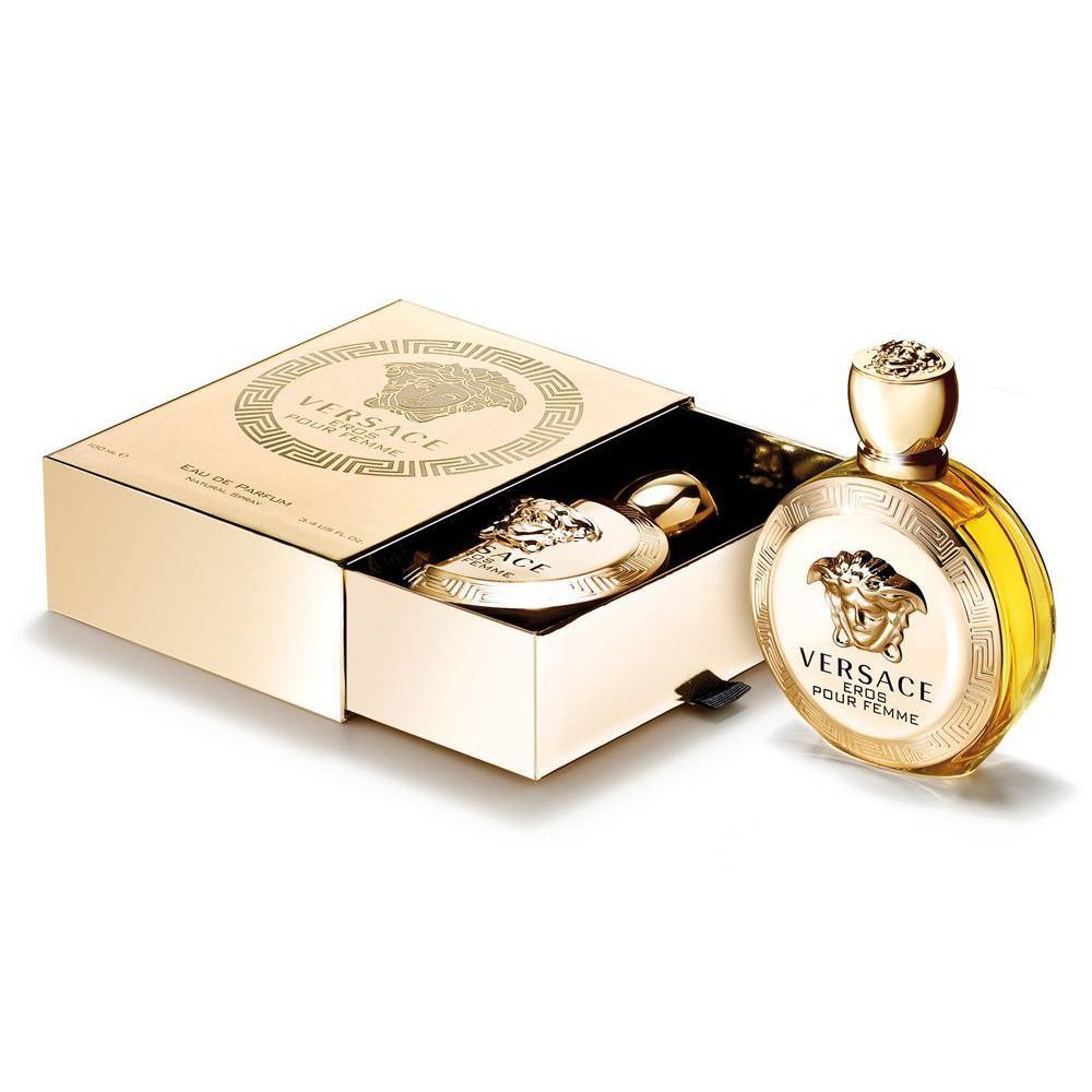 Size: 3.4 oz , 100 ml Eau De Parfum<br>Versace is launching the new fragrance for women as an addition to the popular men‰۪s edition Eros from 2012. Versace Eros Pour Femme arrives on shelves of perfumeries in Italy in December 2014 as the fragrant seductress of the God of love Eros. The women's fragrance in a glamorous gold color flacon is signed by perfumers of the Firmenich company Alberto Morillas, Olivier Cresp and Nathalie Lorson who worked together on creating the new composition.<br><br>The composition of the new perfume for women Eros Pour Femme opens with Sicilian lemon, Calabrian bergamot and pomegranate accords, with a heart of lemon, sambac jasmine absolute, jasmine infusion and peony. The base incorporates sandalwood, ambrox, musk and various woody notes.<br><br>The fragrance bottle Eros Pour Femme is rounded and embellished with a prominent relief Medusa symbol on the central part of bottle and the stopper, as well as with a typical Greek motif on the edges. It is made of glass and embellished with metallic golden details and cap. Instead of a box, the bottle will be packed in a small case which opens on the sides. The fragrance will first be launched in Italy in December 2014, and in 2015 in Europe and worldwide.<br><br><iframe width="560" height="315" src="https://www.youtube.com/embed/uYdMgjCKTz4" frameborder="0" allowfullscreen=""></iframe>