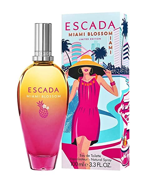 Escada Miami Blossom Perfume by Escada, You never have to say good-bye to the summer with Escada Miami Blossom, a brand-new 2019 fragrance for women. Sweet and refreshing as a tropical breeze, top notes present a mouthwateringly fruity cocktail of blueberry, orange, and watermelon that is juicy, tart, and refreshing. A heady white floral accord of creamy tuberose, intoxicating jasmine, and soulful tiare flower blends with nectarous pineapple. Animalic base notes of musk and ambroxan combine with a hint of sandalwood that brings a richness and greenness to the profile.