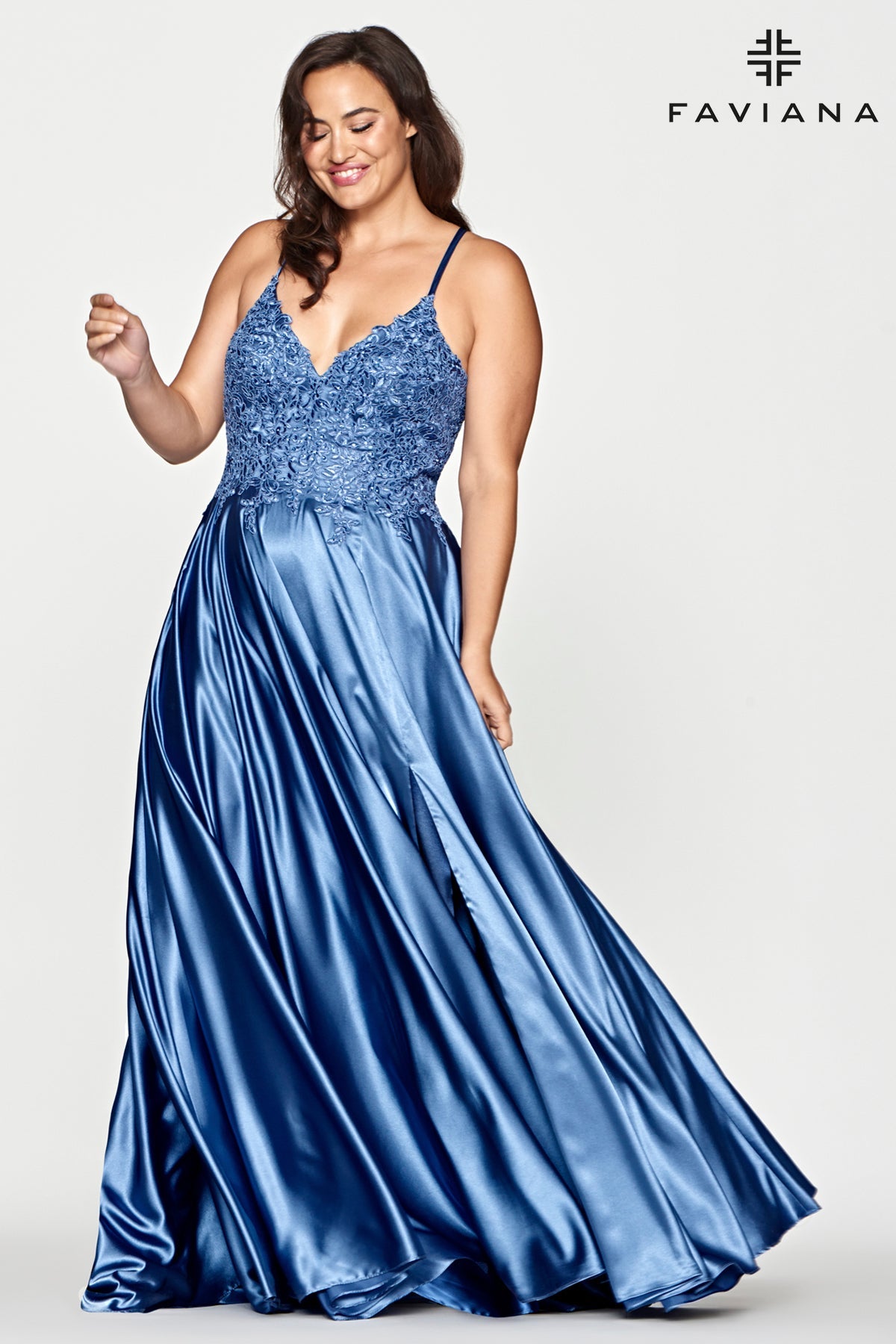 This stunning floor length dress features a spaghetti straps v-neckline with corset back. The bodice is decorated with lace applique. The A-line long skirt with pleated detail cascades elegantly to the floor-length hem. Perfect for any occasion. <br><br><br>Fabric : Charmeuse<br><br>Closure : Corset Back<br><br>Length : Full Length<br><br>Sleeve Style : Spaghetti Strap<br><br>Colors : Deep Mauve, Steel Blue<br><br>Sizes : 12W, 14W, 16W, 18W, 20W, 22W, 24W<br><br>Fully Lined<br><br>Soft Cup Inserts<br><br>Occasion : Formal, Prom, Homecoming, Wedding Guest, Evening Party, Red Carpet, Pageant, Special Occasion