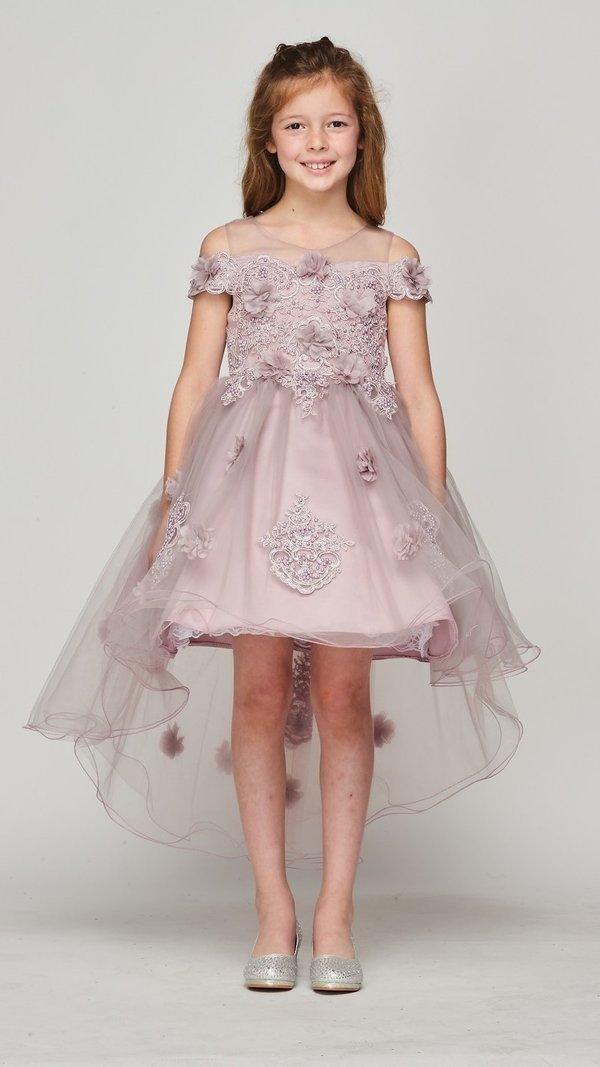 <p>This dress is perfect for you! It will make you look like a princess and leave all of your friends in awe. This flower girl dress features an off shoulder with hand-crafted lace appliques and back sash tie with sequin pearl beads. The fullness below makes you feel extra special on your big day.</p> <p> </p> <p>Fabric : Tulle, Satin, 3D Floral Appliques</p> <p>Length : High Low</p> <p>Closure : Zipper Back</p> <p>Sleeve Style : Off Shoulder</p> <p>Colors : Mauve White, Burgundy, Dusty Rose</p> <p>Sizes : 2, 4, 6, 8, 10, 12</p> <p>Fully Lined</p> <p>Soft Cup Inserts</p> <p>Occasion : Weddings-Princess Dress-Flower Girl Dresses-Formal Events</p>