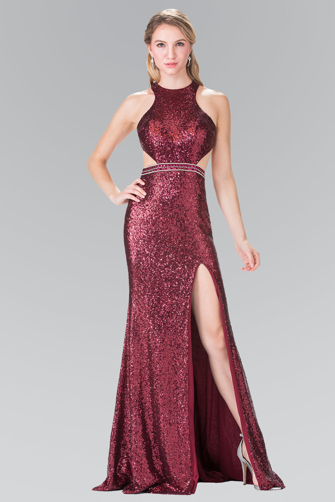 This long dress features a full sequined material, a halter neck, open back, and thigh side slit. Delicate beading is found on the belt and goes all the way around. Perfect for formal, evening party or any special occasion.<br><br><br>Fabric : Sequins<br><br>Closure : Zipper Back<br><br>Length : Full Length<br><br>Sleeve Style : Halter<br><br>Colors : Navy, Burgundy<br><br>Sizes : XS, S, M, L, XL, 2XL<br><br>Fully Lined<br><br>Soft Cup Inserts<br><br>Occasion : Formal, Prom, Homecoming, Wedding Guest, Evening Party, Red Carpet, Pageant, Special Occasion 