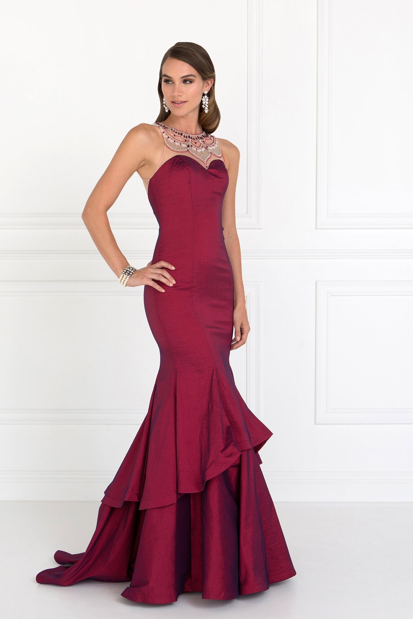 This long dress features a beaded faux necklace, illusion sweetheart, sheer back, and a two-tiered mermaid skirt. Jeweled beading accents dress and compliments neckline. Perfect for formal, evening party or any special occasion.<br><br><br>Fabric : Taffeta<br><br>Closure : Side Zipper<br><br>Length : Full Length<br><br>Sleeve Style : Halter<br><br>Colors : Burgundy, Teal <br><br>Sizes : XS, S, M, L, XL, 2XL, 3XL<br><br>Fully Lined<br><br>Soft Cup Inserts<br><br>Occasion : Formal, Prom, Homecoming, Wedding Guest, Evening Party, Red Carpet, Pageant, Special Occasion 