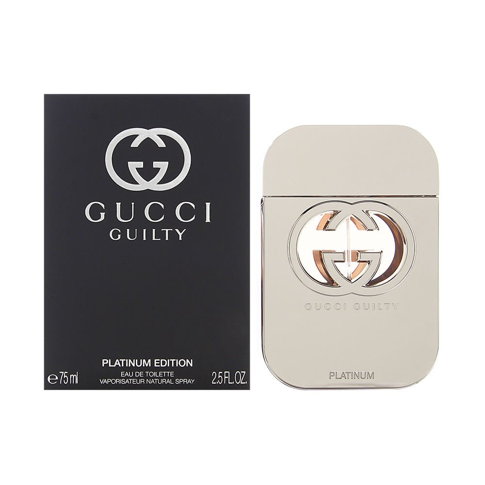 GUCCI presents GUILTY Platinum Edition, a luxurious limited edition bottle of the Guilty Pour Femme fragrance. Inspired by the world of Alessandro Michele, this collector’s edition bottle embodies the seasons celebratory mood. Wrapped in platinum hued metal with the signature interlocking G design. GUCCI GUILTY Pour Femme is a statement about who you are. With the richness of amber and the fresh femininity of lilac, the fragrance speaks to the bold. It awakens the senses with a daring edge of sexiness and sensuality that is GUCCI.