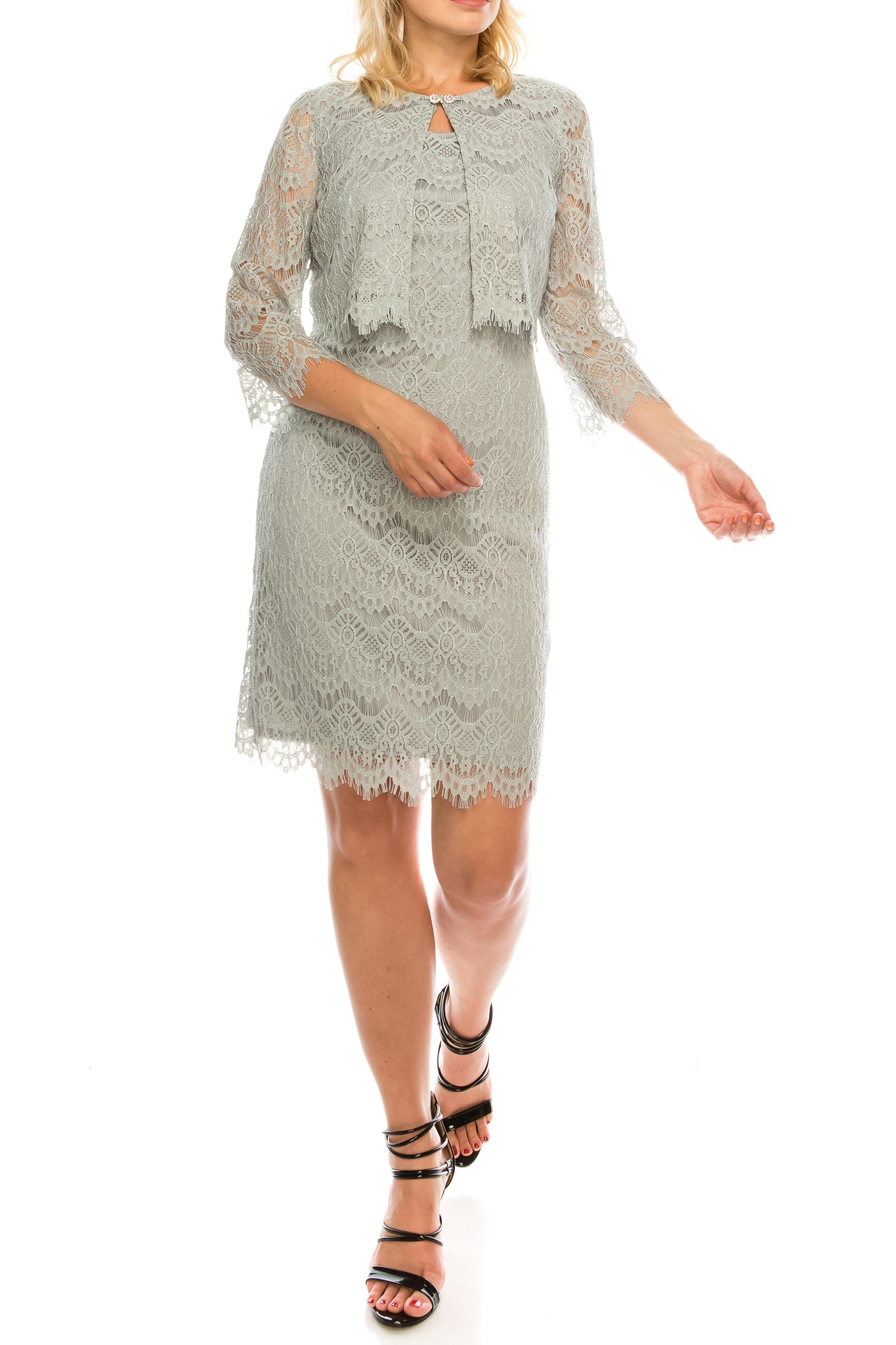 Elegant mother of the bride short metallic lace dress in two pieces consisted of a jacket cut with a crystal ball cover and a sleeveless dress with a high straight neckline. Perfect for any special occasion.<br data-mce-fragment="1"><br data-mce-fragment="1"><br data-mce-fragment="1">Fabric : Metallic Lace<br data-mce-fragment="1"><br data-mce-fragment="1">Closure : Zipper Back<br data-mce-fragment="1"><br data-mce-fragment="1">Length : Above Knee, Mini<br data-mce-fragment="1"><br data-mce-fragment="1">Sleeve Style : 3/4 Sleeve<br data-mce-fragment="1"><br data-mce-fragment="1">Color : Grey<br data-mce-fragment="1"><br data-mce-fragment="1">Sizes : 6, 8, 10, 16<br data-mce-fragment="1"><br data-mce-fragment="1">Fully Lined<br data-mce-fragment="1"><br data-mce-fragment="1">Occasion : Cocktail, Formal, Mother of the Bride, Mother of the Groom, Church, Wedding Guests