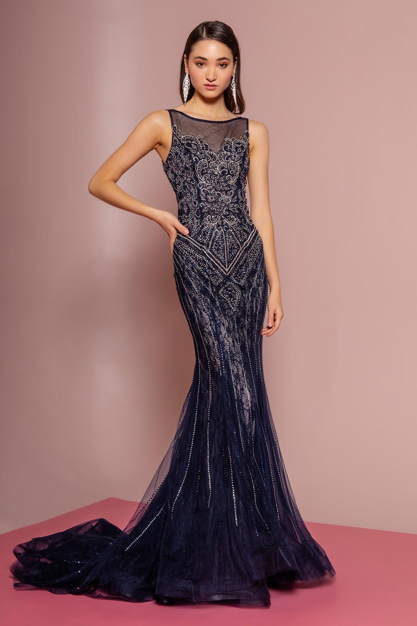 <p> </p> <p><span>This stunning long dress features</span><span> a sleeveless, bateau neckline with form-fitting bodice gorgeously ornate with lace appliques. The dress has a low V-back and a zipper closure. The skirt forms a mermaid silhouette and finishes in a dramatic train with a horsehair hemline. </span><span>This dress is perfect for any special occasion.</span></p> <p> </p> <p>Fabric : Lace</p> <p>Closure : Back Zipper</p> <p>Sleeve Style : Sleeveless</p> <p>Color : Navy</p> <p>Sizes : XS, S, M, L, XL, 2XL, 3XL</p> <p>Fully Lined</p> <p>Occasion : Formal, Prom, Homecoming, Special Occasion</p> 