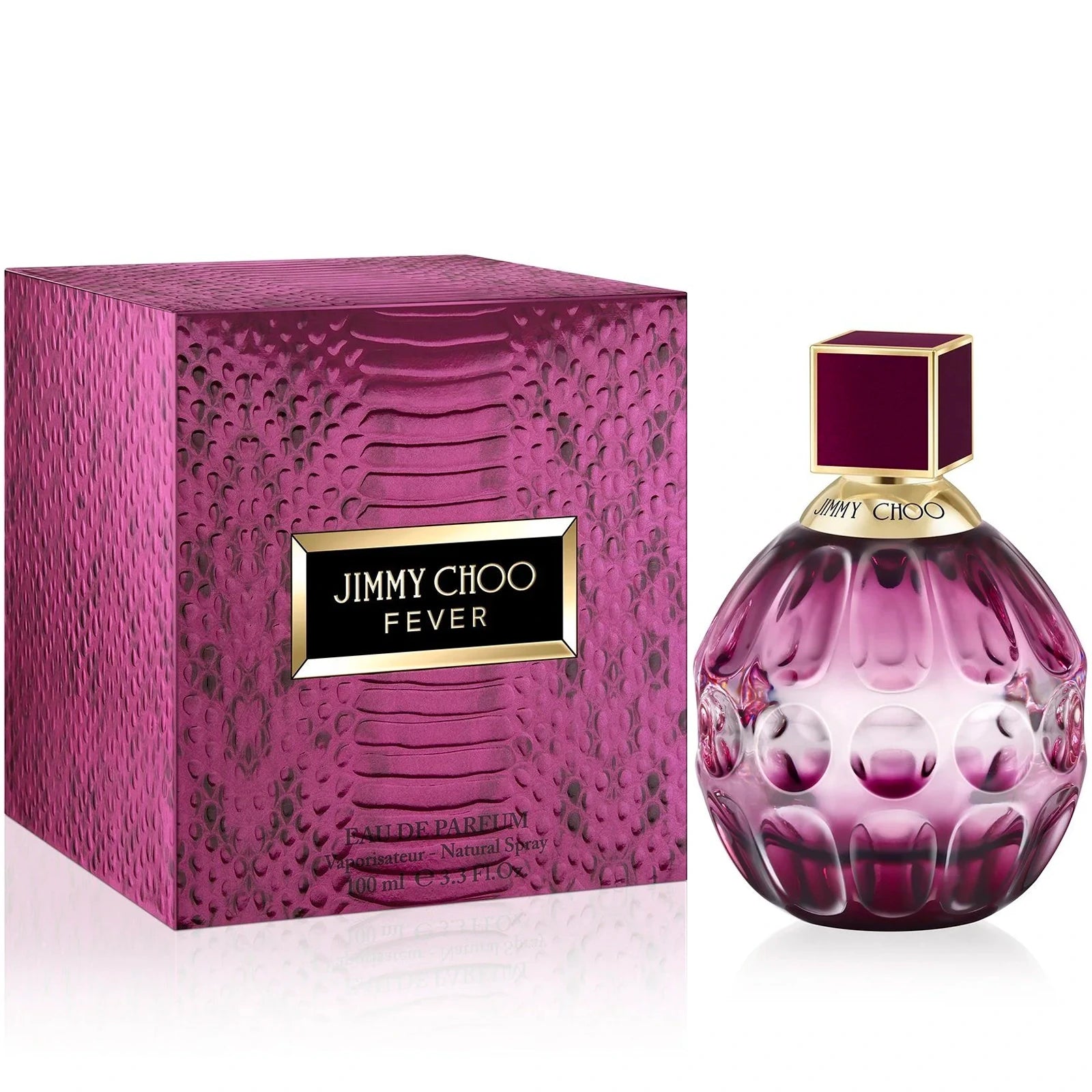Jimmy Choo Fever, an addictive fragrance celebrating a new facet of the Jimmy Choo woman, an innate extrovert with a playful energy and sense of fun. Effortlessly glamourous and instinctively seductive, no one’s going to get in her way. A hypnotic play on contrasts between floral and gourmand, Jimmy Choo Fever is an addictive new scent that carries its wearer into the night, leaving an addictive sensual trail behind her. The bottle is adorned with an intense deep plum lacquer and the fragrance radiating from its centre as the light dances on its multi-faceted form. The outer packaging is reinterpreted with a metallic plum effect that mirrors the light, embossed to give a true to life texture. Top notes: Black Plum Nectar, Lychee, Grapefruit Heart notes: Heliotrope, Vanilla Orchid, Jasmine Base notes: Roasted Tonka Bean, Benzoin, Sandalwood