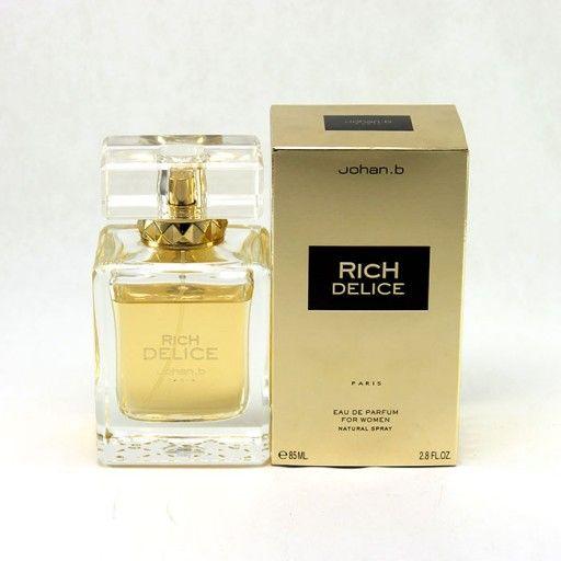 Rich Delice for women is made from a composition of pink pepper, jasmine, frosted cherry, bergamot,violet, freesia, amber, Tonka bean, sandalwood and musk. A long lasting ladies'fragrance recommended for winter and evening wear.