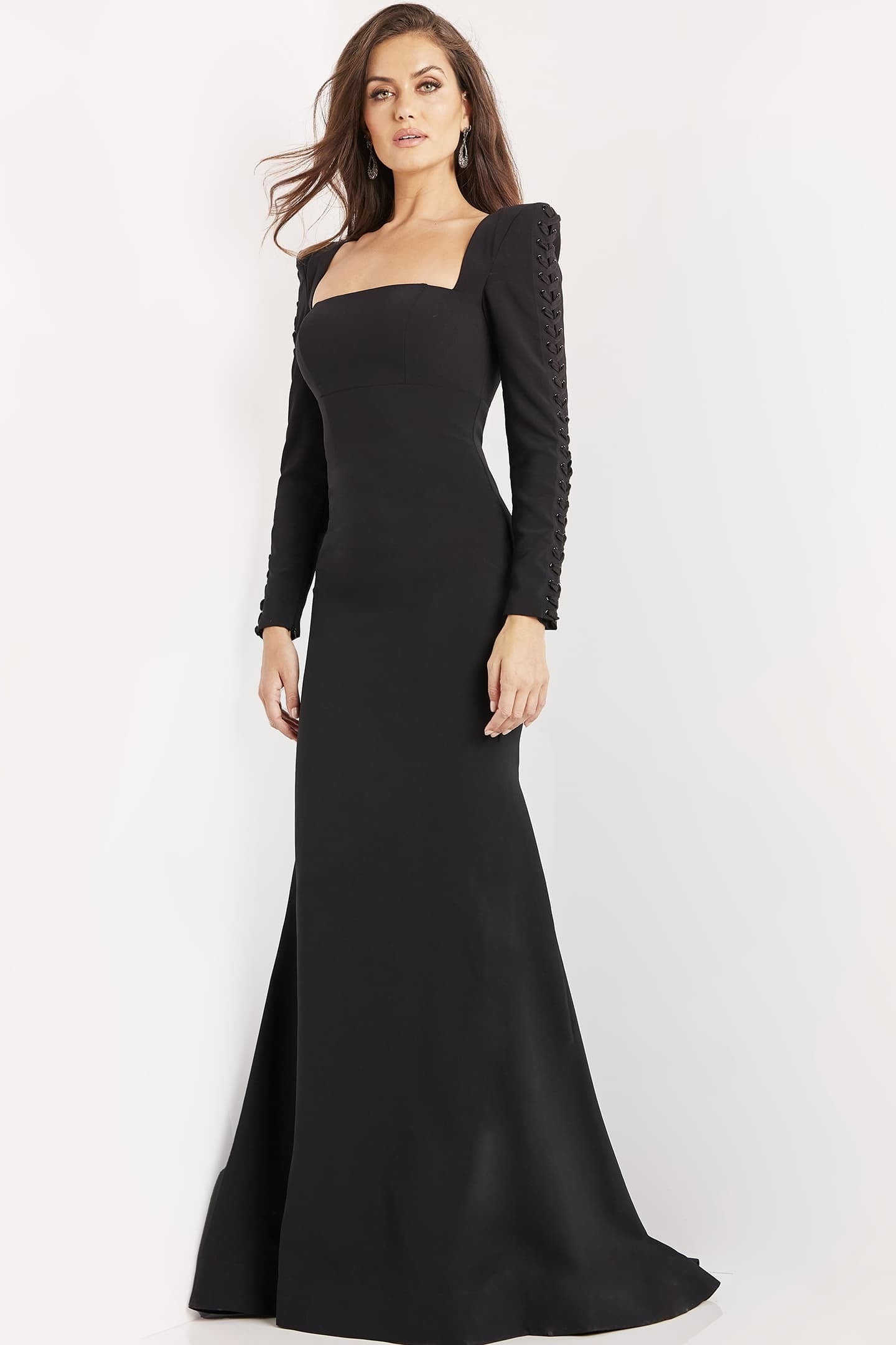 <li>
<strong>Closure: </strong>Invisible Back Zipper with Hook and Eye Closure.<br> </li><li>
<strong>Details: </strong>Sheath evening gown, floor length high waisted skirt with sweeping train, long sleeve bodice with padded square shoulders, square neckline and close back.</li><li>
<strong>Fabric: </strong>Crepe</li><li>
<strong>Fit: </strong>The Model is 5'9  and Wearing 3  Heels. Fitted</li><li>
<strong>Neckline: </strong> Square</li><li>
<strong>Waistline</strong>: Empire</li><li>
<strong>Available Colors:</strong> black, plum, light blue, emerald, wine, white, lipstick</li><li>
<strong>Cleaning: </strong>Spot dry clean only</li>