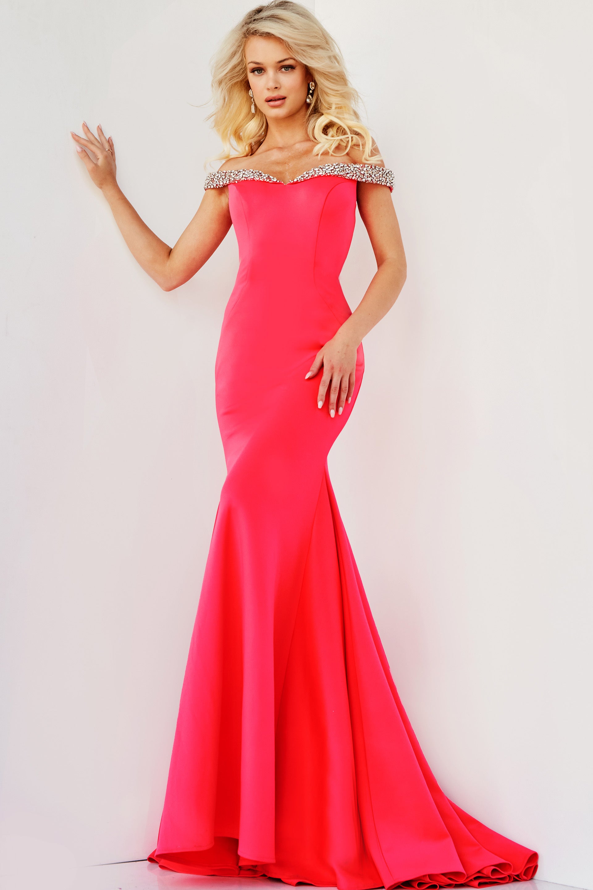 <li>
<strong>Closure: </strong>Invisible Back Zipper with Hook and Eye Closure</li><li>
<strong>Details:</strong> Fitted Long party dress with a mermaid bottom and sweeping train, stretch fabric, sleeveless bodice with off-the-shoulder crystal embellished neckline, semi sweetheart neckline.</li><li>
<strong>Available colors: </strong>cerise, coral, periwinkle, fuchsia, cobalt</li><li>
<strong>Fit: </strong>The Model is 5'9  and Wearing 3  Heels. </li><li>
<strong>Neckline:</strong> off-the-shoulder, semi sweetheart</li><li>
<strong>Waistline</strong>: Natural</li><li>
<strong>Style:</strong> Jovani 08436</li><li>
<strong>Cleaning: </strong>Spot dry clean only</li><li>
<strong>Size:</strong> Available in sizes 00-24</li><li>
<strong>Fabric:</strong> Crepe</li><li>
<strong>Style: </strong>Mermaid, Fitted, Trumpet</li><li>
<strong>Details:</strong> Beaded Neckline</li><li>
<strong>Length:</strong> Long Dress</li><li>
<strong>Back Style: </strong>Back Zipper</li><li>
<strong>Necklines: </strong>Sweetheart</li><li>
<strong>Sleeve Type:</strong> Off the Shoulder</li>