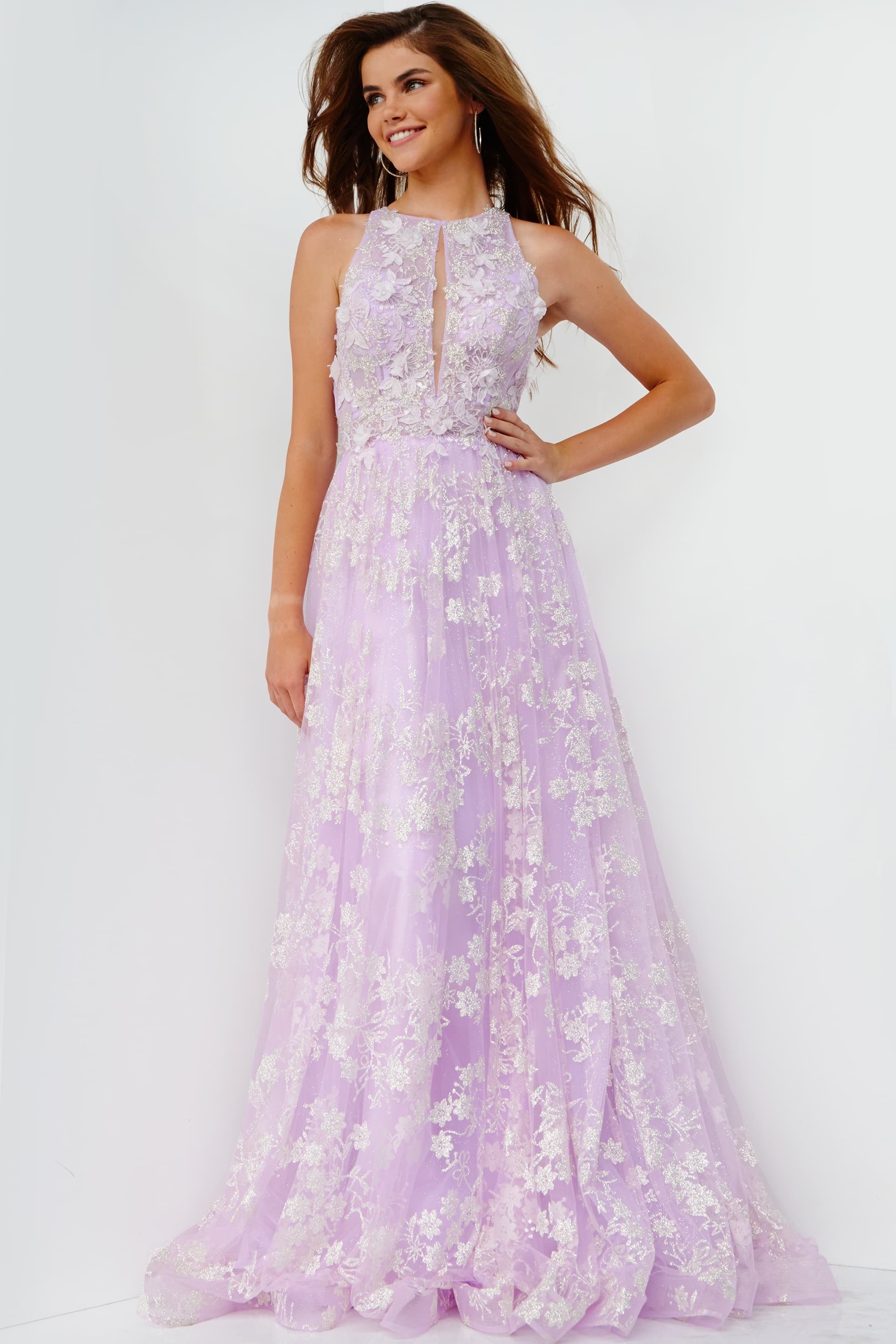 <li>
<strong>Closure: </strong>Invisible Back Zipper, hook and eye closure<br> </li><li>
<strong>Details:</strong> A line prom gown, floor length glitter embellished skirt, sleeveless floral appliques and glitter illusion bodice, crew neckline with key hole opening, open back.<br> </li><li>
<strong>Available colors : </strong>pink, light blue</li><li>
<strong>Fabric: </strong>100% Polyester</li><li>
<strong>Fit: </strong>The Model is 5'9  Wearing 3  Heels. </li><li>
<strong>Neckline: </strong> Key hole</li><li>
<strong>Waistline</strong>: Natural</li><li>JVN08567</li><li>Spot dry clean only</li><li>Available in sizes: 00-24</li>