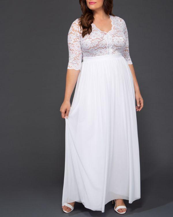 <p> </p> <p>This elegant long dress features a 3/4 sleeve scalloped V-neckline <span data-mce-fragment="1">Beige lining at the bodice contrasts against a delicate floral lace, scalloped neckline and detail that draws all eyes on you.</span><br></p> <p> </p> <p>Length : Full Length</p> <p>Sleeve Style : 3/4 Sleeve</p> <p>Color : <span mce-data-marked="1" data-mce-fragment="1">White</span></p> <p>Sizes : 0X, 1X, 2X, 3, 4X, 5X</p> <p>Fully Lined</p> <p>Occasion : Wedding</p>