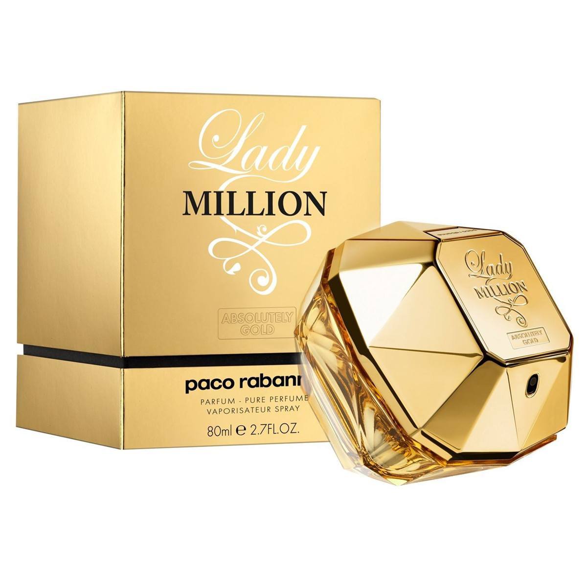 Paco Rabanne exclusively launches two new versions of the popular fragrances1 Million and Lady Million, to be premiered in travel retailers from 15 June to 13 August 2012. This is the Absolutely Gold collection that offers aromas of pure concentration, added to the already available EDP and EDT editions.<br><br>Lady Million Absolutely Gold, is also available in pure perfume concentration, offering seductive blend of raspberries that tickles your fancy in the top notes. The heart of flower petals flourish with elegant jasmine and orange blossom, placed on the base of cashmerean and neroli essence and that leave a provocative and heady trail.<br><br>Available as 80ml pure perfume.