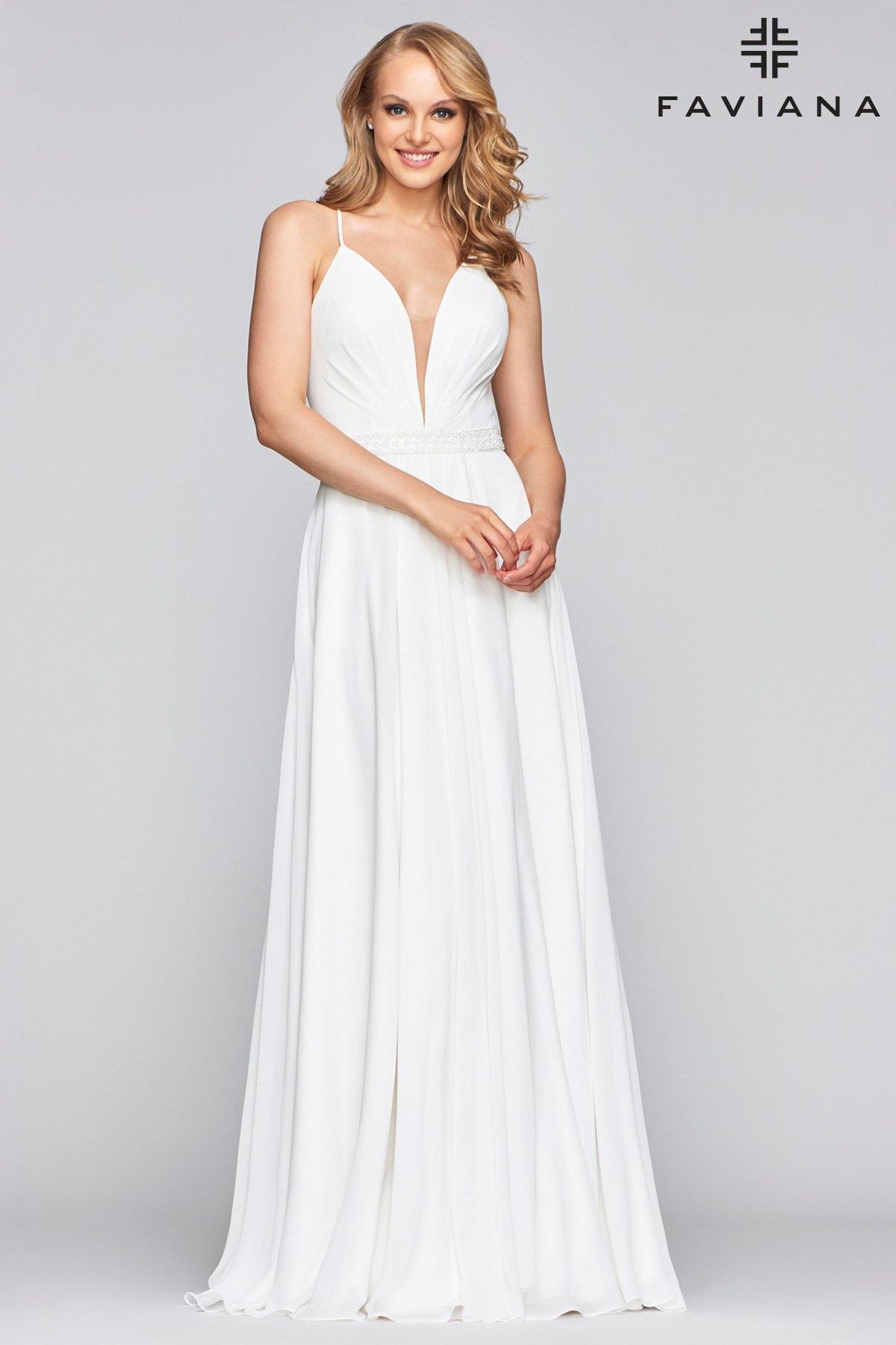 This simple floor length dress features a spaghetti straps plunging v neckline with a sheer inset and beaded waistband. The skirt boasts a sexy high front slit as it flares and finishes to a full-length hemline. Perfect for any occasion. <br><br><br>Fabric : Chiffon<br><br>Closure : Corset, Zipper Back<br><br>Length : Full Length<br><br>Sleeve Style : Spaghetti Strap<br><br>Colors : Black, Ivory, Soft Peach<br><br>Sizes : 00, 0, 2, 4, 6, 8, 10, 12, 14, 16<br><br>Fully Lined<br><br>Soft Cup Inserts<br><br>Occasion : Formal, Prom, Homecoming, Wedding Guest, Evening Party, Red Carpet, Pageant, Special Occasion, Bridesmaids