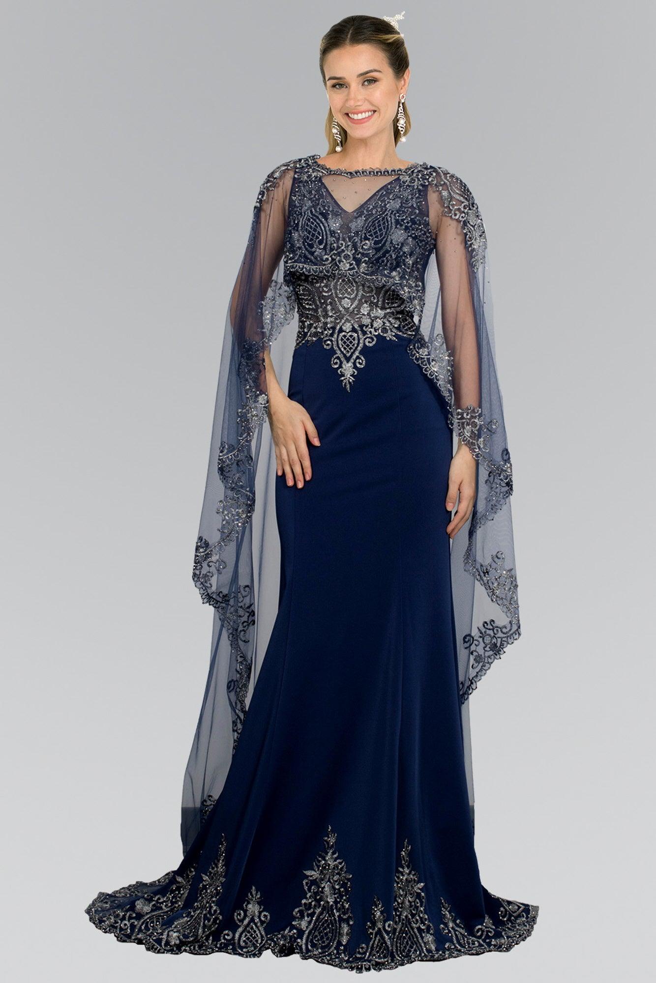 <p><span>This elegant gorgeous long dress features an illusion bateau neckline with V-lining, the bodice is designed with glittering embellishments and is accented with a cape-like draping. The dress has a full length sheath skirt that finishes in a dramatic sweep train.  This dress is perfect for evening party, formal or any special occasion.</span></p> <p> </p> <p>Fabric : Sheer</p> <p><span>Length : Floor Length</span><span> </span></p> <p><span>Sleeve : Cape Sleeves</span></p> <p><span>Colors</span><span> : Champagne, Navy</span></p> <p><span>Sizes :  XS, S, M, L, XL, 2XL, 3XL</span></p> <p><span>Fully Lined</span><span> </span></p> <p><span>Soft Cup Inserts</span><span> </span></p> <p><span>Occasion : Formal, Prom, Homecoming</span></p>