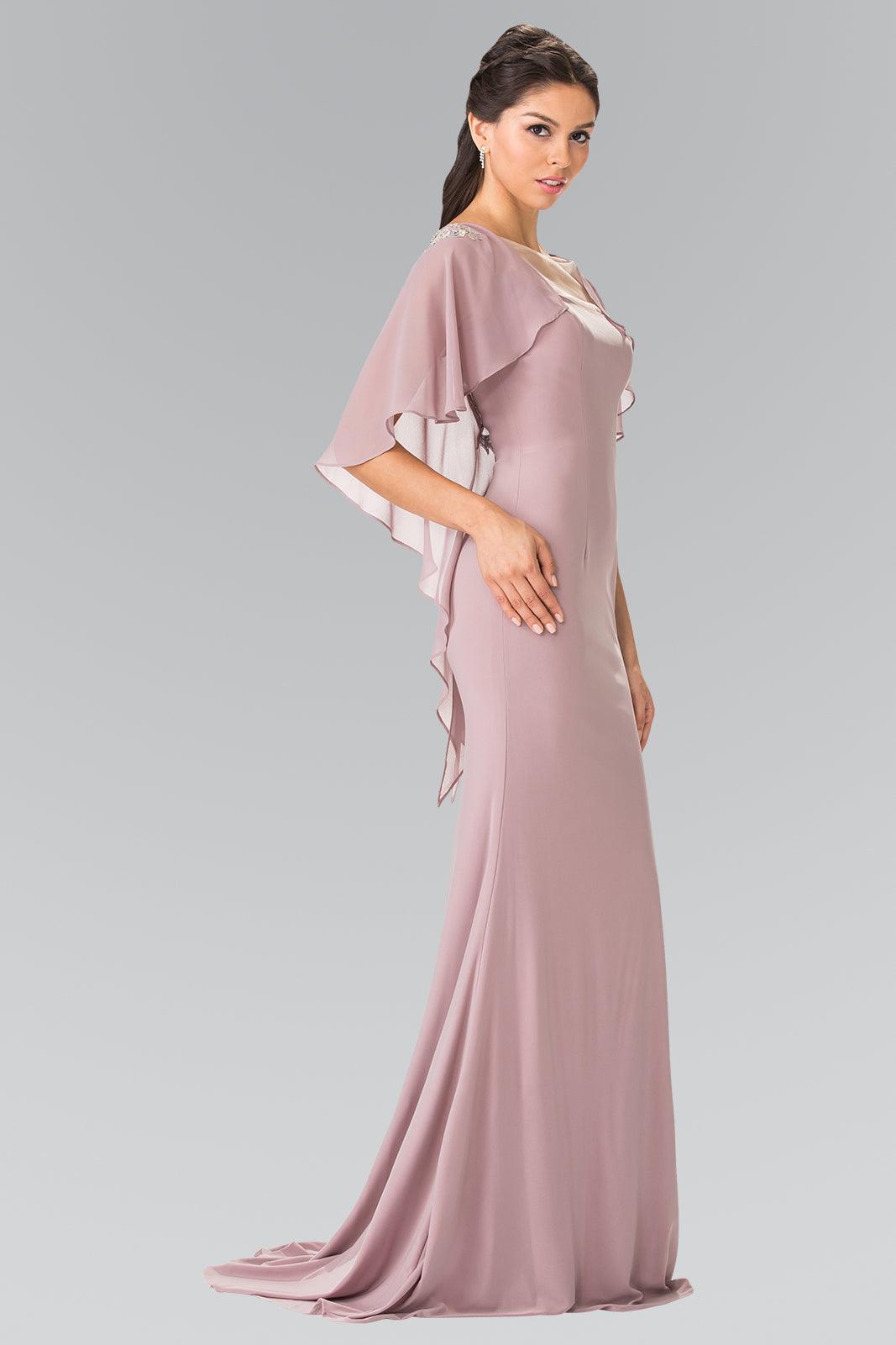 <p><span>This elegant gorgeous long dress features a fitted to accentuate your curves. This long dress features a square neckline with flutter sleeves draped over the beaded trimmed V-back. This dress is perfect for evening party, formal or any special occasion.</span></p> <p> </p> <p><span>Length : Floor Length</span><span> </span></p> <p><span>Sleeve : Cape Sleeves</span></p> <p><span>Colors</span><span> : Mocha, Burgundy</span></p> <p><span>Sizes :  XS, S, M, L, XL, 2XL, 3XL</span></p> <p><span>Fully Lined</span><span> </span></p> <p><span>Soft Cup Inserts</span><span> </span></p> <p><span>Occasion : Formal, Prom, Homecoming</span></p>