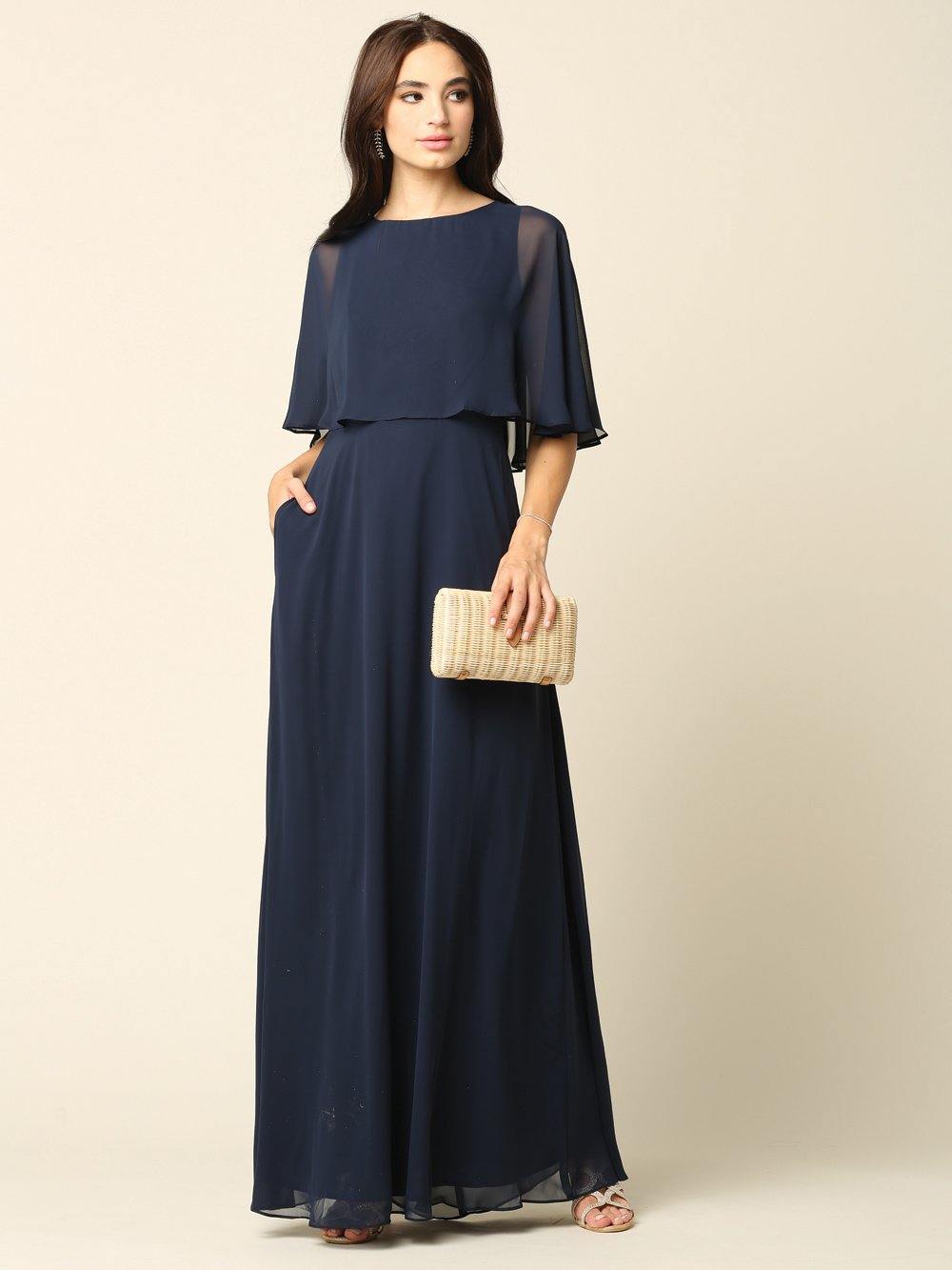 <p> </p> <p>This elegant long dress features a sleeveless crew neckline. A-line silhouette and has pockets with cape overlay and made of chiffon material. This dress is perfect for any special occasion.<br> <br><br>Fabric : Chiffon<br><br>Closure : Zipper Back<br><br>Length : Full Length<br><br>Colors : Navy, <span data-mce-fragment="1">Burgundy, Hunter Green, Plum, Slate Blue</span><br><br>Sizes : S, M, L, XL, XL, 2XL, 3XL, 4XL<br><br>Fully Lined<br><br>Soft Cup Inserts<br><br>Occasion : Formal, Evening Party, Mother of the Bride, Mother of the Groom, Church, Wedding Guest</p>