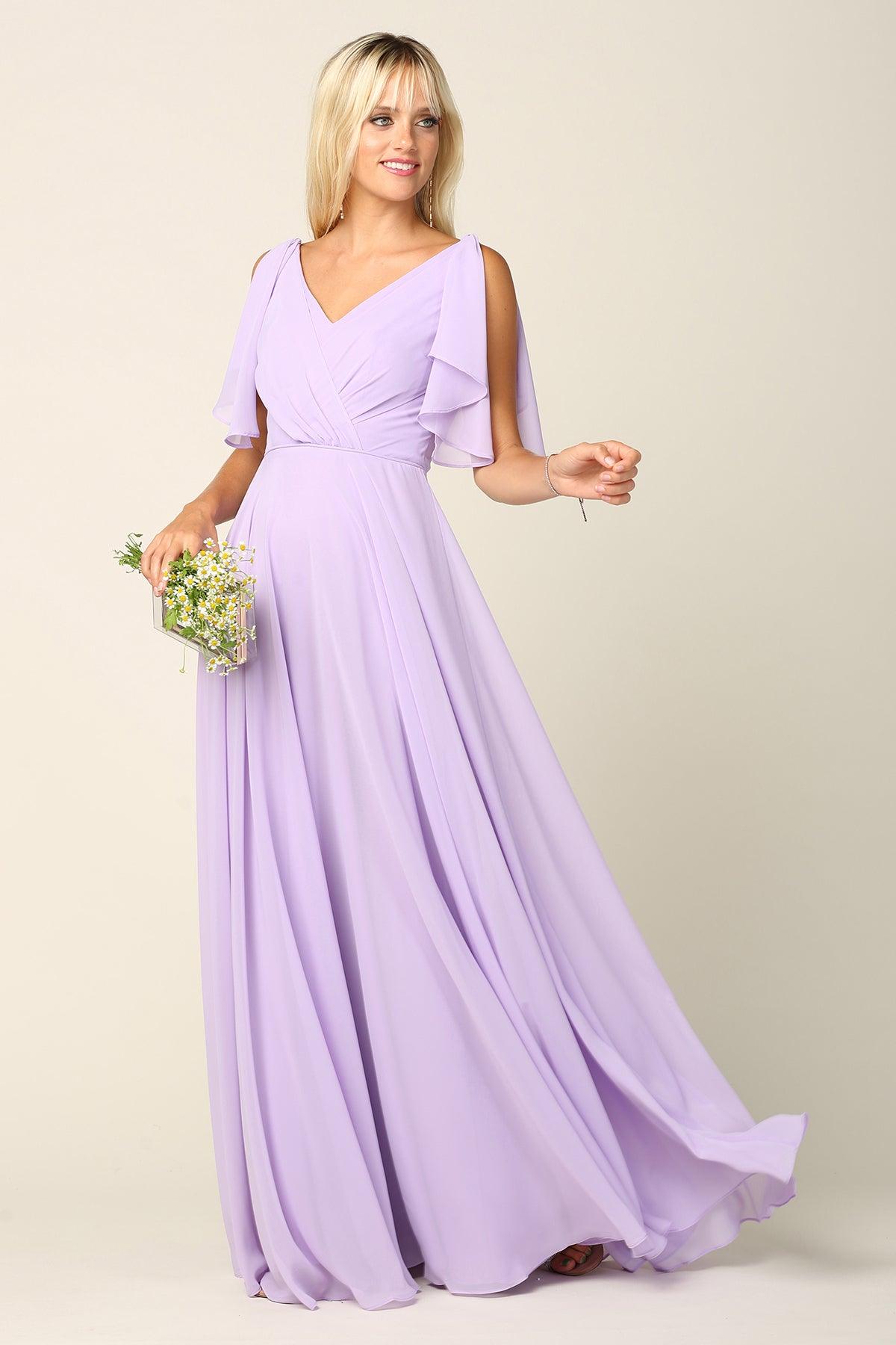 <p>The chiffon fabric is sure to make you feel elegant, while still maintaining comfort throughout any event. This flutter sleeve long gown features V-neckline and V-back design. It's breathtaking yet simple for any special occasion to show off your true feminine side.<br><br><br>Fabric : Chiffon<br><br>Zipper Back<br><br>Length : Full Length<br><br>Sleeve Style : Flutter Sleeve<br><br>Colors : Blush, Burgundy, Champagne, Dusty Rose, Dusty Blue, Lilac, Mauve, Navy, Off White, Sage, <span data-mce-fragment="1">Black</span><br><br>Sizes : XS, S, M, L, XL, 2XL, 3XL, 4XL<br><br>Fully Lined<br><br>Occasion : Bridesmaids, Formal, Evening Party, Homecoming, Wedding Guest</p>