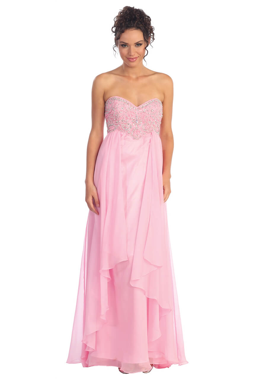 This long dress featuring a strapless sweetheart neckline and a semi-open back. Gathered at the waist with a Basque-like treatment, the flowing A-line skirt cascades in asymmetrical layers as it rushes down to a full-length hem. Perfect for formal, evening party or any special occasion.<br><br><br>Fabric : Chiffon<br><br>Closure : Zipper Back<br><br>Length : Full Length<br><br>Sleeve Style : Strapless<br><br>Colors : Pink, Coral<br><br>Sizes : XS, S, M, L, XL, 2XL<br><br>Fully Lined<br><br>Soft Cup Inserts<br><br>Occasion : Formal, Prom, Homecoming, Wedding Guest, Evening Party, Red Carpet, Pageant, Special Occasion