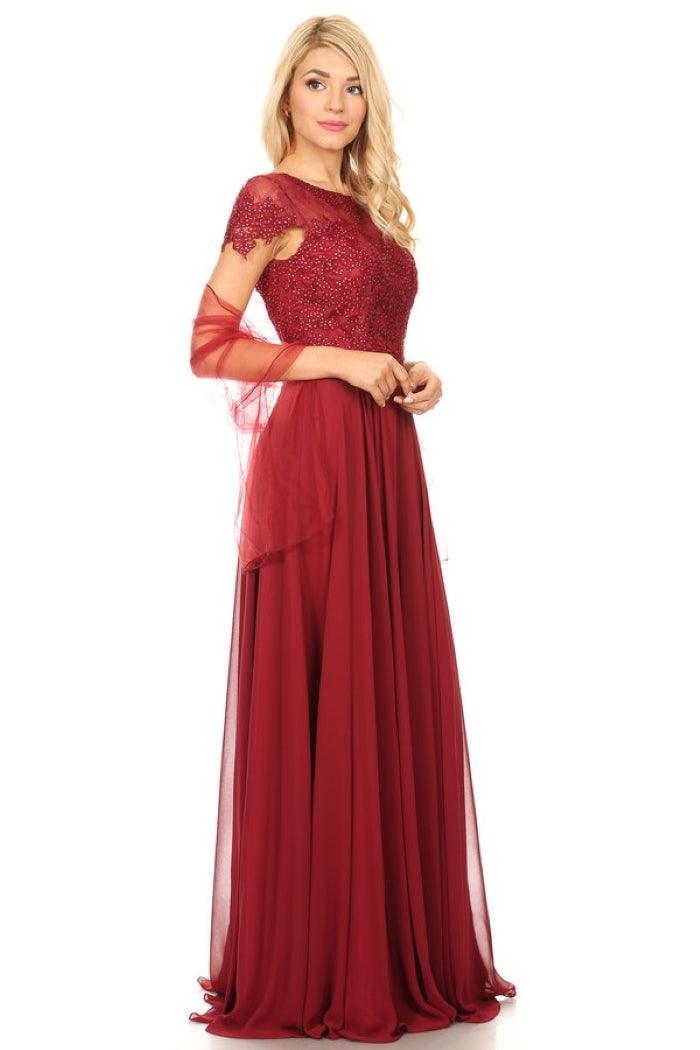 <p>The chiffon fabric is sure to make you feel elegant, while still maintaining comfort throughout any event. Perfect for church or evening affairs, this outfit will make you feel classy and confident on your bride's big day!<br><br><br>Fabric : Chiffon<br><br>Length : Full Length<br><br>Sleeve Style : Short Sleeve<br><br>Colors : Burgundy, Champagne, Mauve, Navy, Silver, White, <span data-mce-fragment="1">Slate Blue</span><br><br>Sizes : S, M, L, XL, 2XL, 3XL, 4XL<br><br>Fully Lined<br><br>Occasion : Formal, Evening Party, Mother of the Bride, Church, Wedding Guest<br></p>