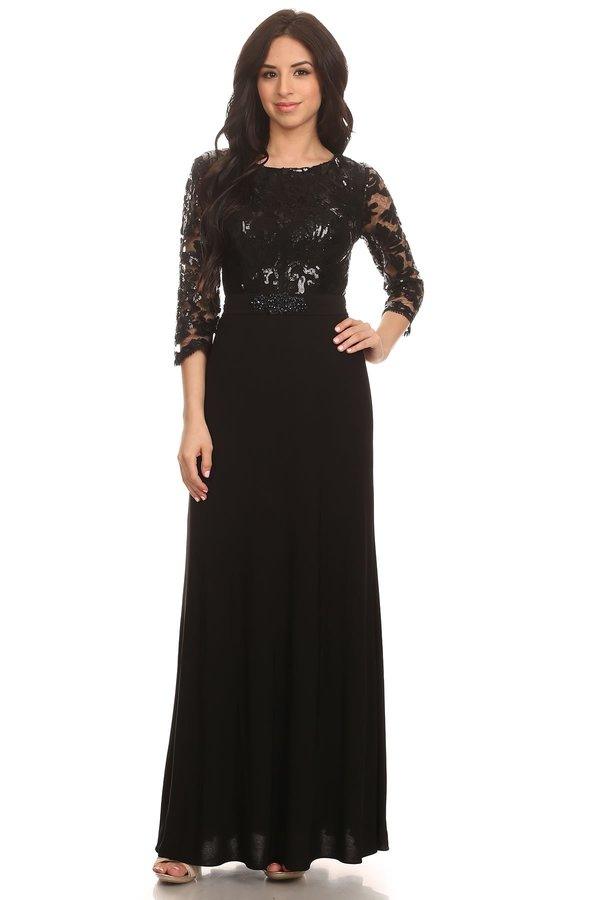 <p>Ladies, are you looking for that perfect mother of the bride formal dress  This 3/4 sleeve long dress is made of sequins and ITY skirt material. Whether you are the main attraction, or need a lovely addition to your ensemble, this mother of the bride dress is made for you! <br><br><br>Fabric : Sequins, ITY<br><br>Zipper Back<br><br>Length : Full Length<br><br>Sleeve Style : 3/4 Sleeve<br><br>Colors : Black, Charcoal, Cocoa, Navy, Purple<br><br>Sizes : S, M, L, XL, 2XL, 3XL, 4XL<br><br>Fully Lined<br><br>Occasion : Formal, Evening Party, Mother of the Bride, Church, Wedding Guest</p>