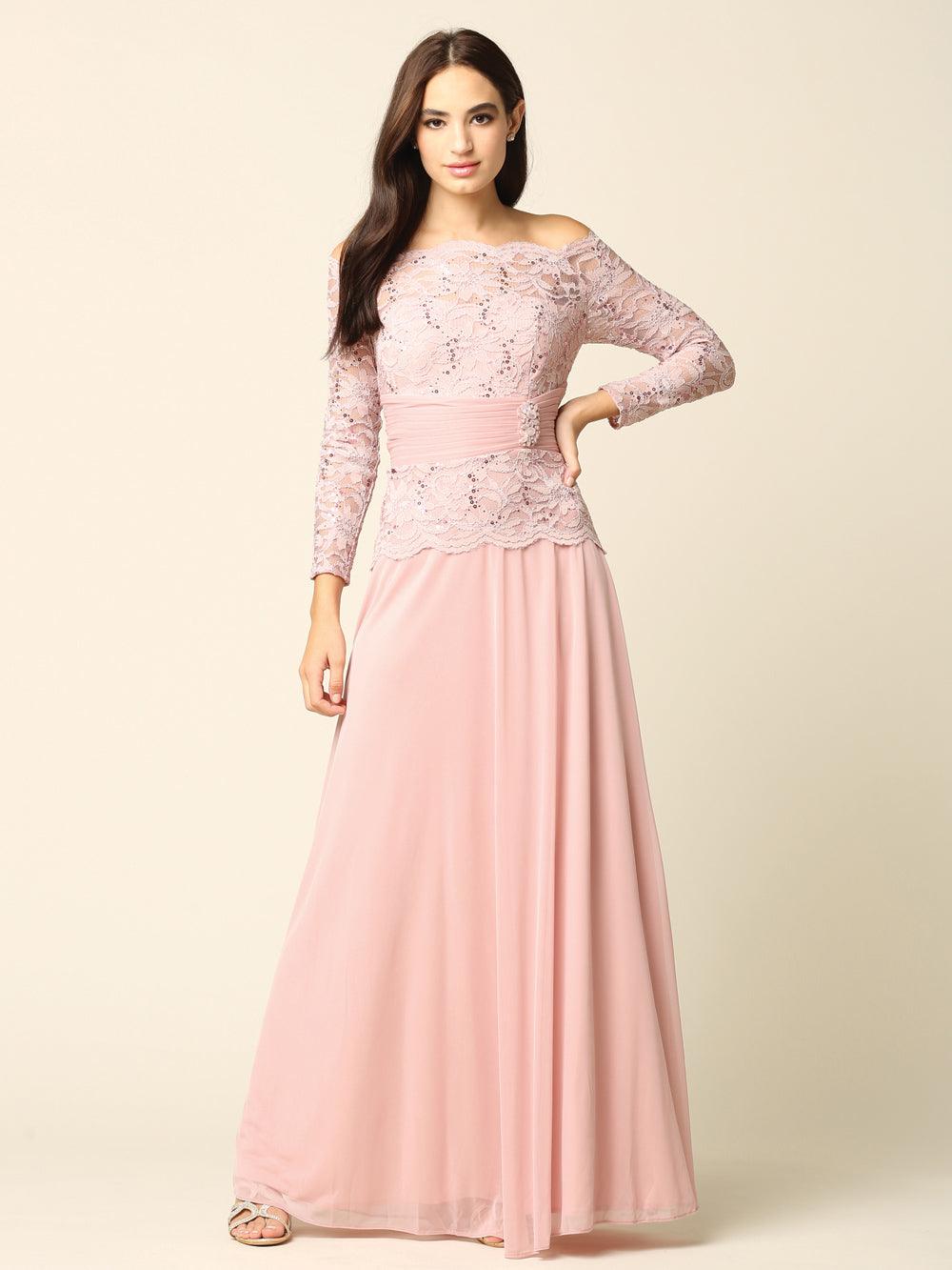 <p>You will surely turn heads when wearing this long sleeve dress. Treat yourself to something beautiful that will last a lifetime with this mother of the bride dress. This dress features an off shoulder and is made of lace top and flowy chiffon skirt. Wear it for any formal occasion and be sure you'll stand out from all others in your glamorous new ensemble.</p> <p> </p> <p>Fabric : Lace, Chiffon</p> <p>Zipper Back</p> <p>Length : Full Length</p> <p>Sleeve Style : Off Shoulder</p> <p>Colors : Burgundy, Champagne, Dusty Rose, Royal, Teal</p> <p>Sizes : S, M, L, XL, 2XL, 3XL, 4XL</p> <p>Fully Lined</p> <p>Occasion : Formal, Evening Party, Church, Wedding Guest, Mother of the Bride, Mother of the Groom</p>