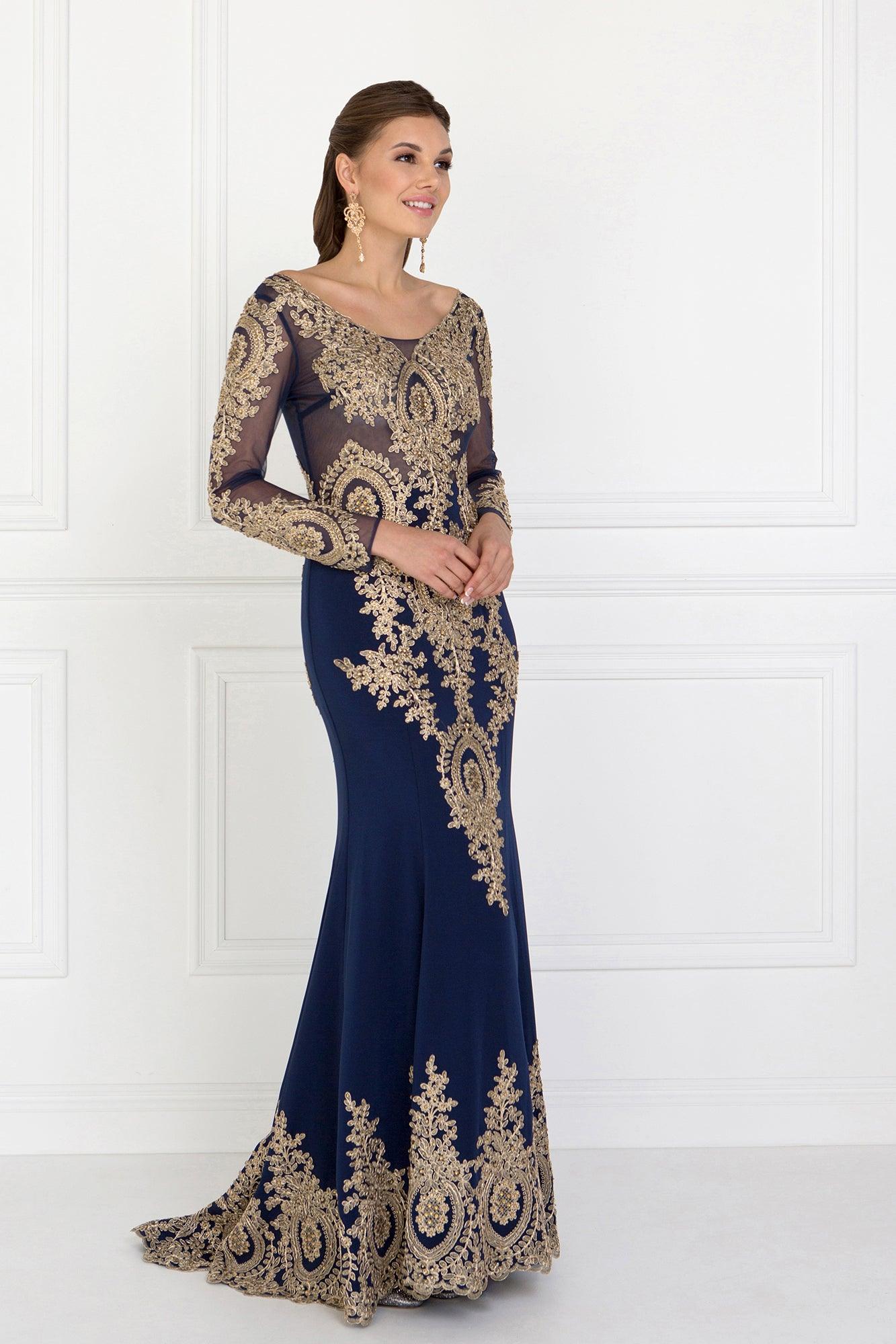 <p><span><br>This elegant gorgeous long dress features an embellished with intricate golden lace appliques on an illusion bodice, this exceptional piece flourishes an illusion scoop neckline. Glimmering with fascinating stone embellishments and framed with sheer long sleeves, this delicate piece is adorned with an illusion v-open back. The sheath skirt columns magnificently as it ends in a metallic edged sweep train. This dress is perfect for evening party, formal or any special occasion.</span></p> <p> </p> <p>Fabric : Sheer</p> <p><span>Length : Floor Length</span><span> </span></p> <p><span>Sleeve : Long Sleeves</span></p> <p><span>Colors</span><span> : Navy, Teal</span></p> <p><span>Sizes :  S, M, L, XL, 2XL, 3XL</span></p> <p><span>Fully Lined</span><span> </span></p> <p><span>Soft Cup Inserts</span><span> </span></p> <p><span>Occasion : Formal, Prom, Homecoming</span></p>