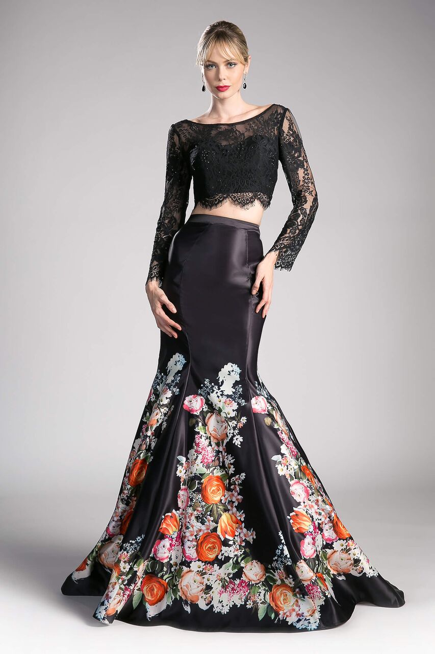 This stunning two piece set mermaid style floor length dress featuring a sheer bateau lace bodice with long lace sleeves, v-shaped open back design and made of floral satin skirt material. Perfect for formal, evening party or any special occasion.<br><br><br>Fabric : Lace, satin<br><br>Closure : Zipper Back<br><br>Length : Full Length<br><br>Sleeve Style : Long Sleeve<br><br>Color : Print<br><br>Sizes : 4, 6, 8, 10, 12, 14<br><br>Fully Lined<br><br>Soft cup Inserts<br><br>Occasion : Formal, Prom, Homecoming, Wedding Guest, Debut, Evening Party, Red Carpet, Pageant, Special Occasion