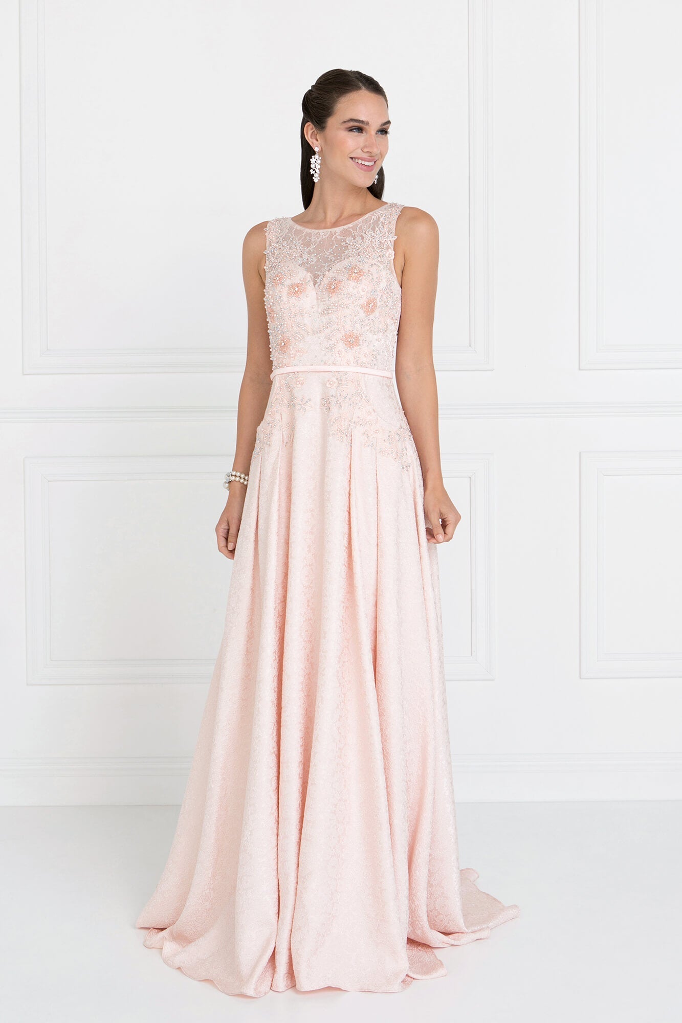 This A-line long dress features a sleeveless illusion neckline with front pockets the natural waist is nipped with a slender waistband and made of lace and jacquard fabric. Perfect for formal, evening party or any special occasion.<br><br><br>Fabric : Lace, Jacquard<br><br>Closure : Zipper Back<br><br>Length : Full Length<br><br>Sleeve Style : Sleeveless<br><br>Color : Blush<br><br>Sizes : XS, S,M, L, XL, 2XL, 3XL<br><br>Fully Lined<br><br>Occasion : Formal, Prom, Homecoming, Wedding Guest, Debut, Evening Party, Red Carpet, Pageant, Special Occasion