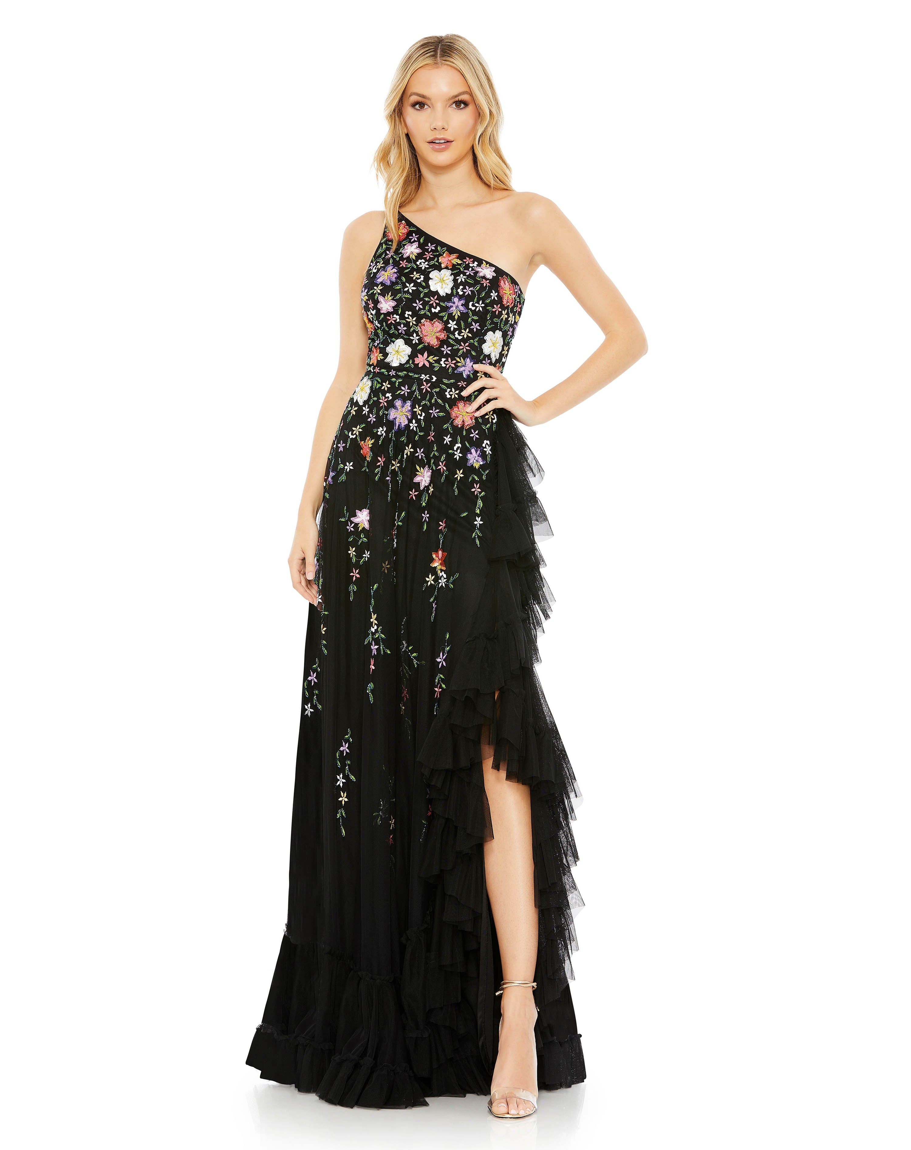 <style type="text/css"><!-- td {border: 1px solid #cccccc;}br {mso-data-placement:same-cell;} --></style> <p>Look no further than The Dress Outlet if you're looking for the ideal prom dress that is both lovely and inexpensive. This stylish Mac Duggal 9164 dress features a one-shoulder neckline, side slits, and ruffle draping at the hemline. The dress' adaptable style enables it to be worn in any season and for either a formal or homecoming  occasion!</p> <br> <ul style="list-style-type: disc;"> <li>Fabric : Chiffon</li> <li>Length : Full Length</li> <li>Sleeve Style : One Shoulder</li> <li>Color : Black Multi, Blush Multi</li> <li>Sizes : 0, 2, 4, 6, 8, 10, 12,1 4, 16</li> <li>Occasion : Prom Dresses, Formal Dresses, Homecoming Dresses</li> </ul>