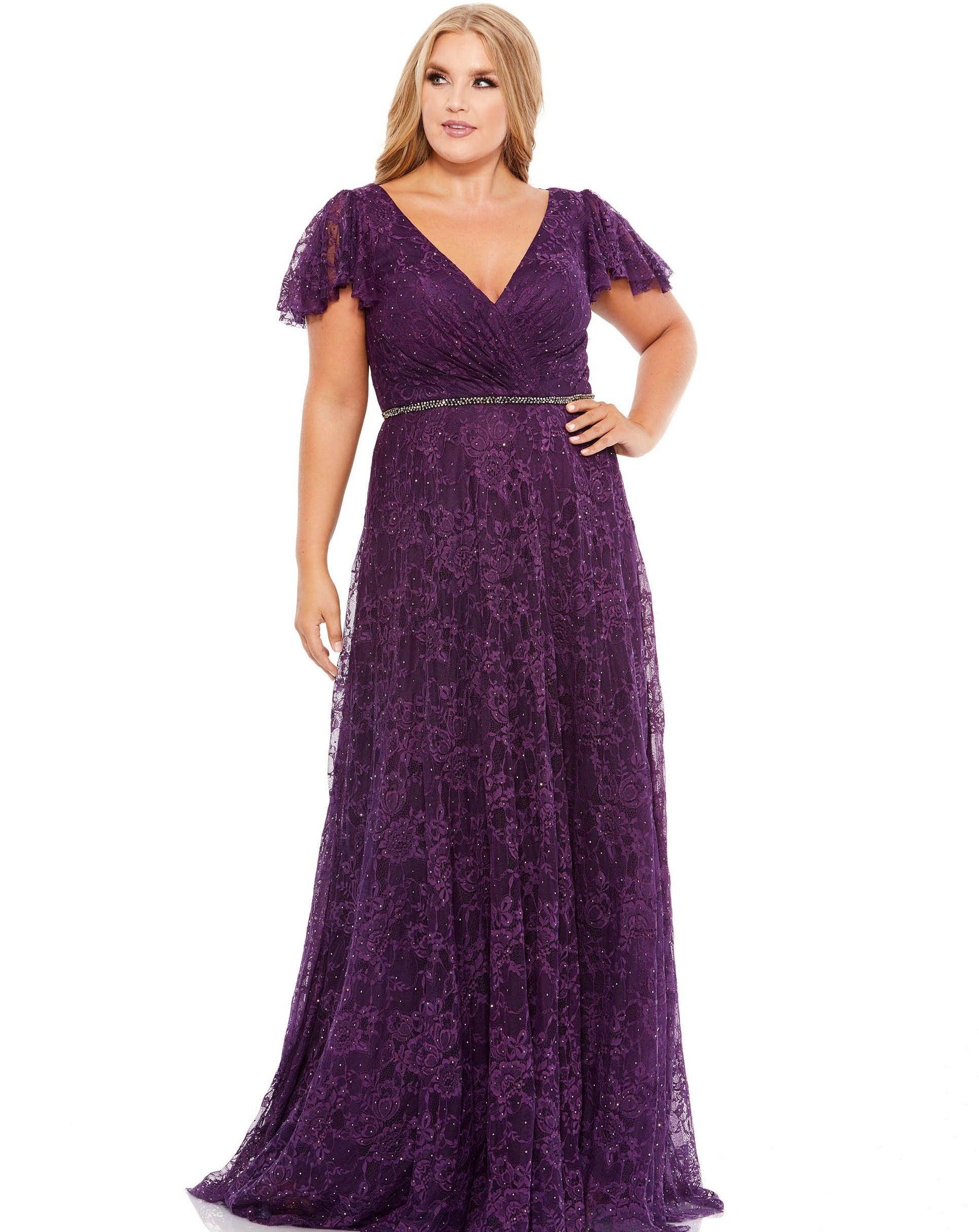 <p>Elegant plus size long dress has a V-neckline and bell sheer sleeves. The dress is made of floral lace with a slightly ruched bodice and a sweep train.</p> <p> </p> <p>Fabric : Lace</p> <p>Zipper Back</p> <p>Length : Full Length</p> <p>Sleeve Style : Cap Sleeve</p> <p>Color : Aubergine</p> <p>Sizes : 12W, 14W, 16W, 18W, 20W, 22W, 24W</p> <p>Fully Lined</p> <p>Occasion : Formal, Evening Party, Mother of the Bride, Mother of the Groom, Church, Wedding Guest</p>