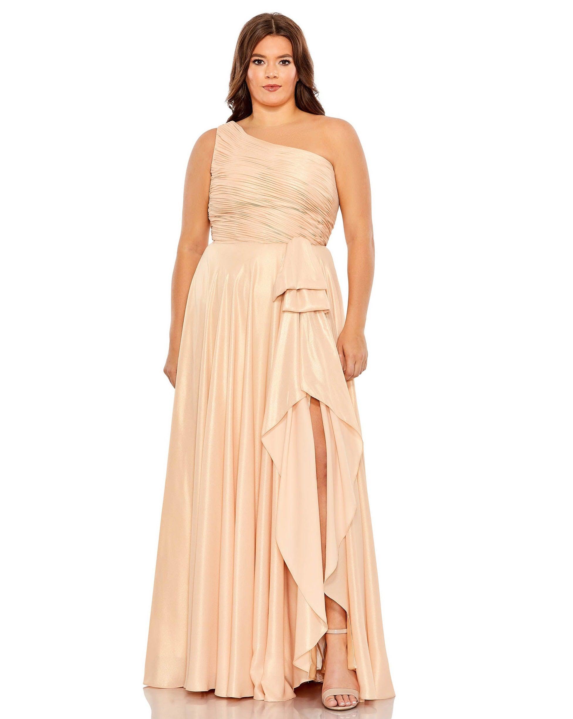 <p>Long dresses are always popular and you will be the belle of the ball with this head-turning long dress! This elegant dress features a one shoulder neckline with pleated bodice and sexy high slit. This dress is perfect for any special occasion.</p> <p> </p> <p>Fabric : Metallic Organza</p> <p>Zipper Back</p> <p>Length : Full Length</p> <p>Sleeve Style : One Shoulder</p> <p>Color : Gold</p> <p>Sizes : 14W, 16W, 18W, 20W, 22W, 24W</p> <p>Fully Lined</p> <p>Occasion : Prom, Formal, Evening Party, Mother of the Bride, Church, Wedding Guest</p>