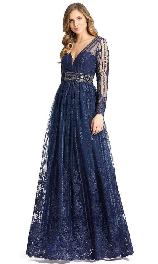 <p>This elegant long sleeve embroidered long gown features a deep V-neck with clean inserts. Featuring a fitted bodice is embellished with shimmering ornaments at the waist with an A-line across the entire length of the silhouette.</p> <p><br> <br> Zipper Back</p> <p>Length : Full Length</p> <p>Sleeve Style : Long Sleeve</p> <p>Color : Platinum, Navy<br></p> <p>Sizes : 2, 4, 6, 8, 10, 12, 14, 16, 18</p> <p>Fully Lined</p> <p>Occasion : Formal, Evening Party, Mother of the Bride, Mother of the Groom, Church, Wedding Guest</p>