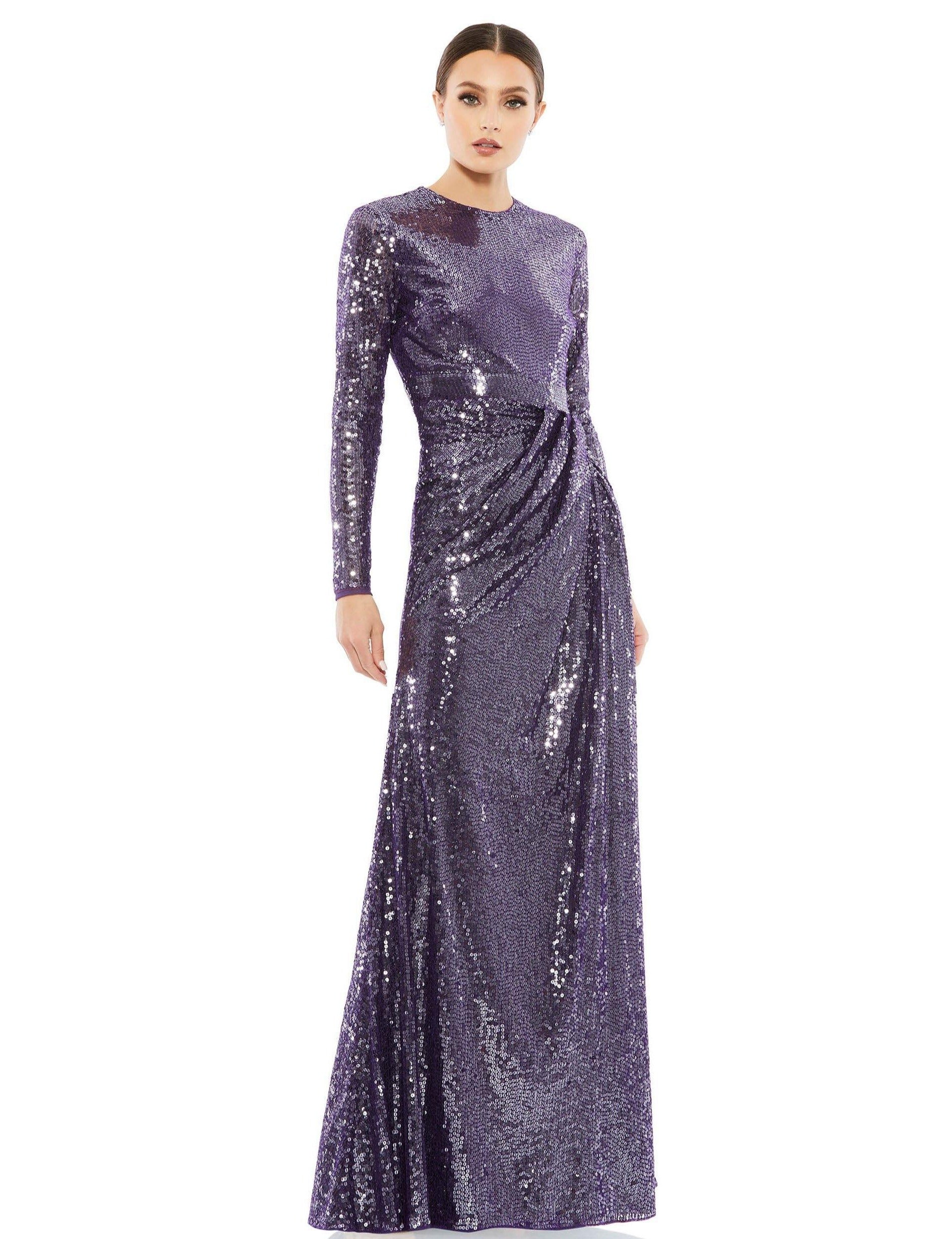 <p>Stunning evening gown with a sleek silhouette made of sequins with a jewel neckline and long sleeves. A set-on waistband tops the draped skirt.</p> <br> <br> <p>Fabric : Sequins</p> <p>Zipper Back</p> <p>Length : Full Length</p> <p>Sleeve Style : Long Sleeve</p> <p>Color : Dark Amethyst, Gold</p> <p>Sizes : 0, 2, 4, 6,8, 10, 12, 14, 16, 18</p> <p>Fully Lined</p> <p>Occasion : Formal, Evening Party, Mother of the Bride, Mother of the Groom, Church, Wedding Guest</p>