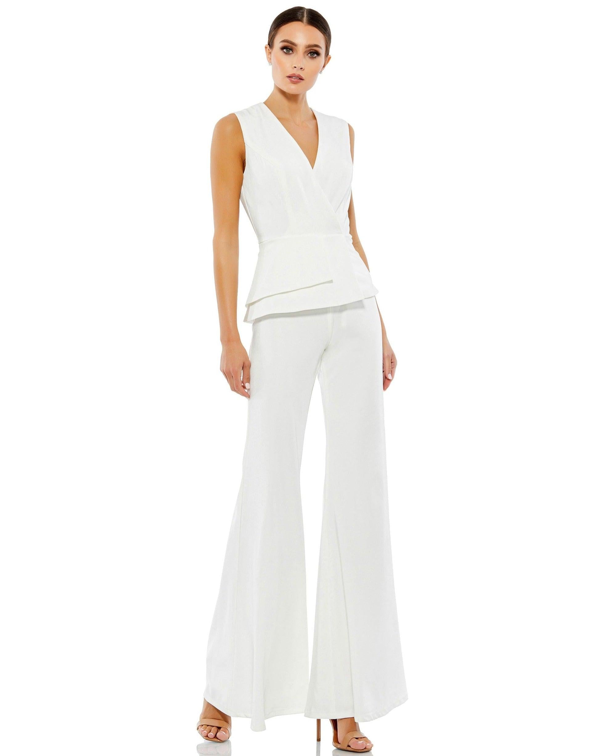 <p>You'll be glamorous to the max in this stunningly gorgeous jumpsuit. Featuring a sleeveless V-neckline with peplum bodice. Perfect for any special occasion so you can feel confident, glamorous, and comfortable in this elegant design.<br><br><br>Fabric : Crepe<br><br>Zipper Back<br><br>Length : Long<br><br>Sleeve Style : Sleeveless<br><br>Color : White<br><br>Sizes : 0, 2, 4, 6, 8, 10, 12, 14, 16<br><br>Fully Lined<br><br>Occasion : Prom, Formal, Evening Party, Homecoming, Wedding Guest</p>