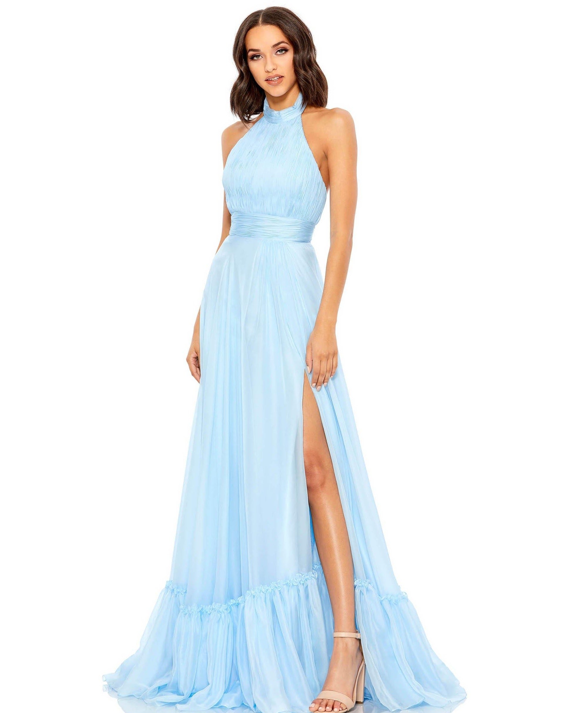 <p>Stunning flowy chiffon dress features a halter high neckline and a ruched waistband. The top has a ripped design and the skirt has a high slit and a sweep train.</p> <p> </p> <p>Fabric : Chiffon</p> <p>Zipper Back</p> <p>Length : Full Length</p> <p>Sleeve Style : Halter</p> <p>Colors : Sky Blue, <span data-mce-fragment="1">Hot Pink</span></p> <p>Sizes : 0, 2, 4, 6, 8. 10, 12, 14, 16, 18, 20, 22, 24</p> <p>Fully Lined</p> <p>Occasion : Prom, Formal, Homecoming, Wedding Guest, Red Carpet, Pageant</p>