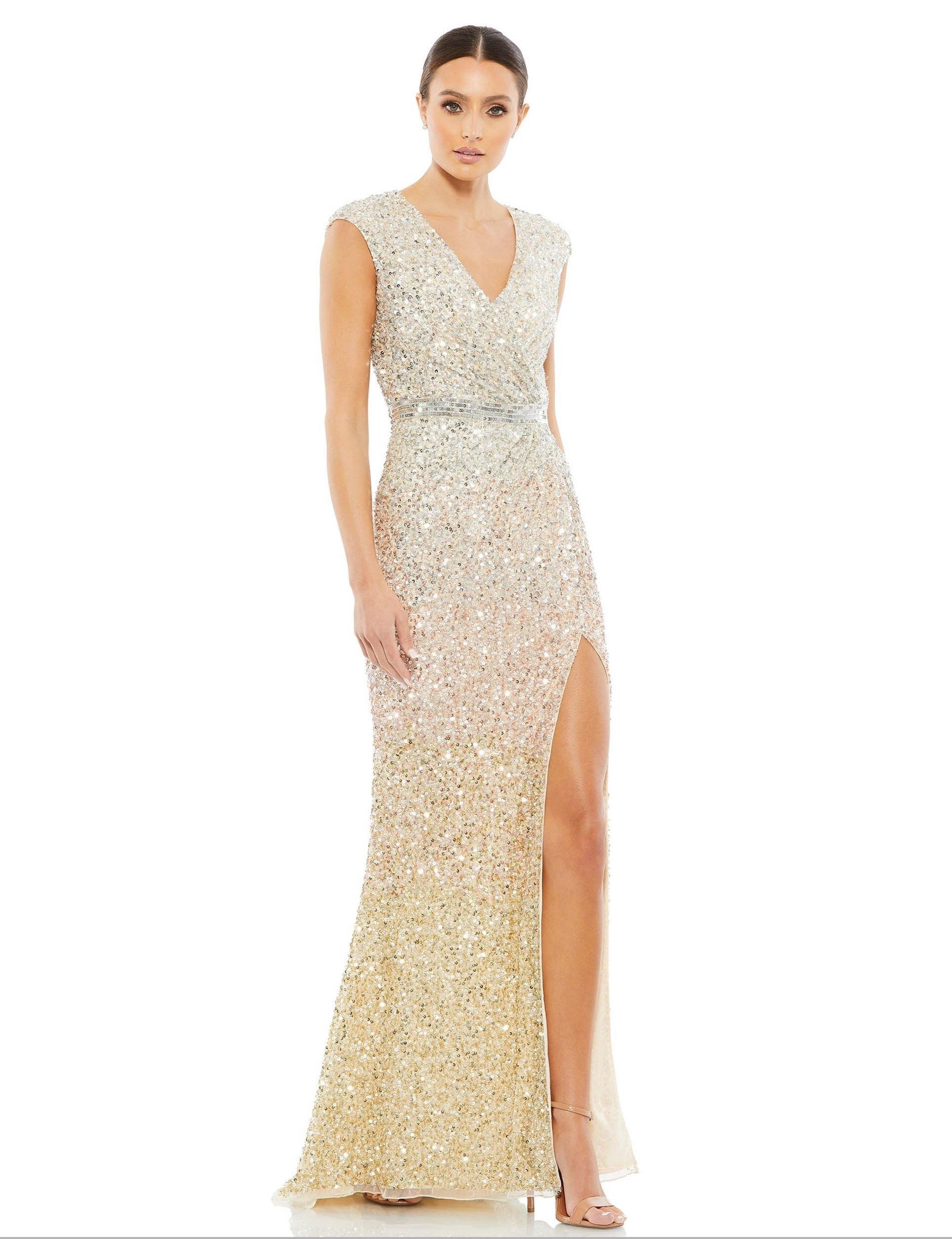 <p>Elegant long evening gown is made of in sequins with ombre with a ruched bodice. Featuring a cap sleeves V-neck and a linear sequin belt with high slit and a train.</p> <p> </p> <p>Fabric : Sequins<br> <br> Zipper Back</p> <p>Length : Full Length</p> <p>Sleeve Style : Cap Sleeve</p> <p>Colors : Nude, Forest Green, <span data-mce-fragment="1">Blue Ombre</span></p> <p>Sizes : 0, 2, 4, 6, 8, 10, 12, 14, 16</p> <p>Fully Lined</p> <p>Occasion : Formal, Evening Party, Church, Wedding Guest</p>