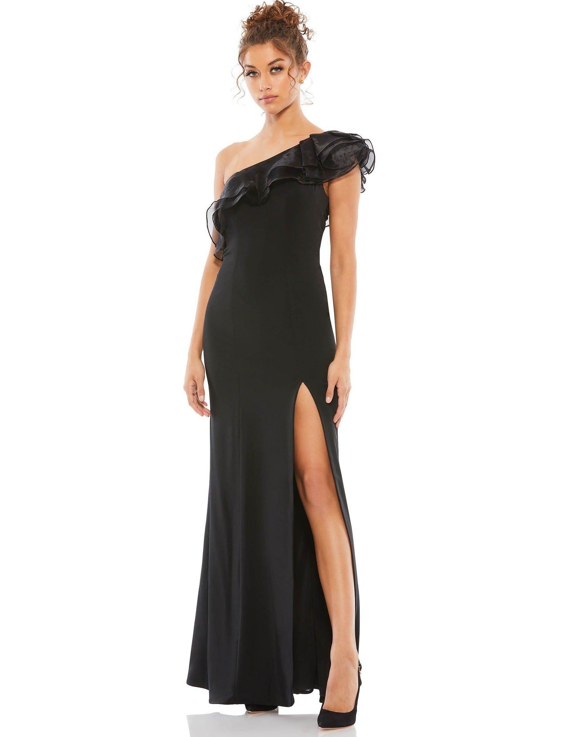 <p>Graceful and figure flattering, this outfit will surely make your ensemble unforgettable at any formal occasion. This one shoulder gown features sexy thigh slit with statement ruffle trim. Just like magic, suddenly everything is perfect for that one special night.<br><br><br><br>Fabric : Jersey<br><br>Zipper Back<br><br>Length : Full Length<br><br>Sleeve Style : One Shoulder<br><br>Color : Black<br><br>Sizes : 0, 2, 4, 6, 8, 10, 12, 14<br><br>Fully Lined<br><br>Occasion : Prom, Evening Party, Homecoming, Wedding Guest, Red Carpet, Pageant</p>