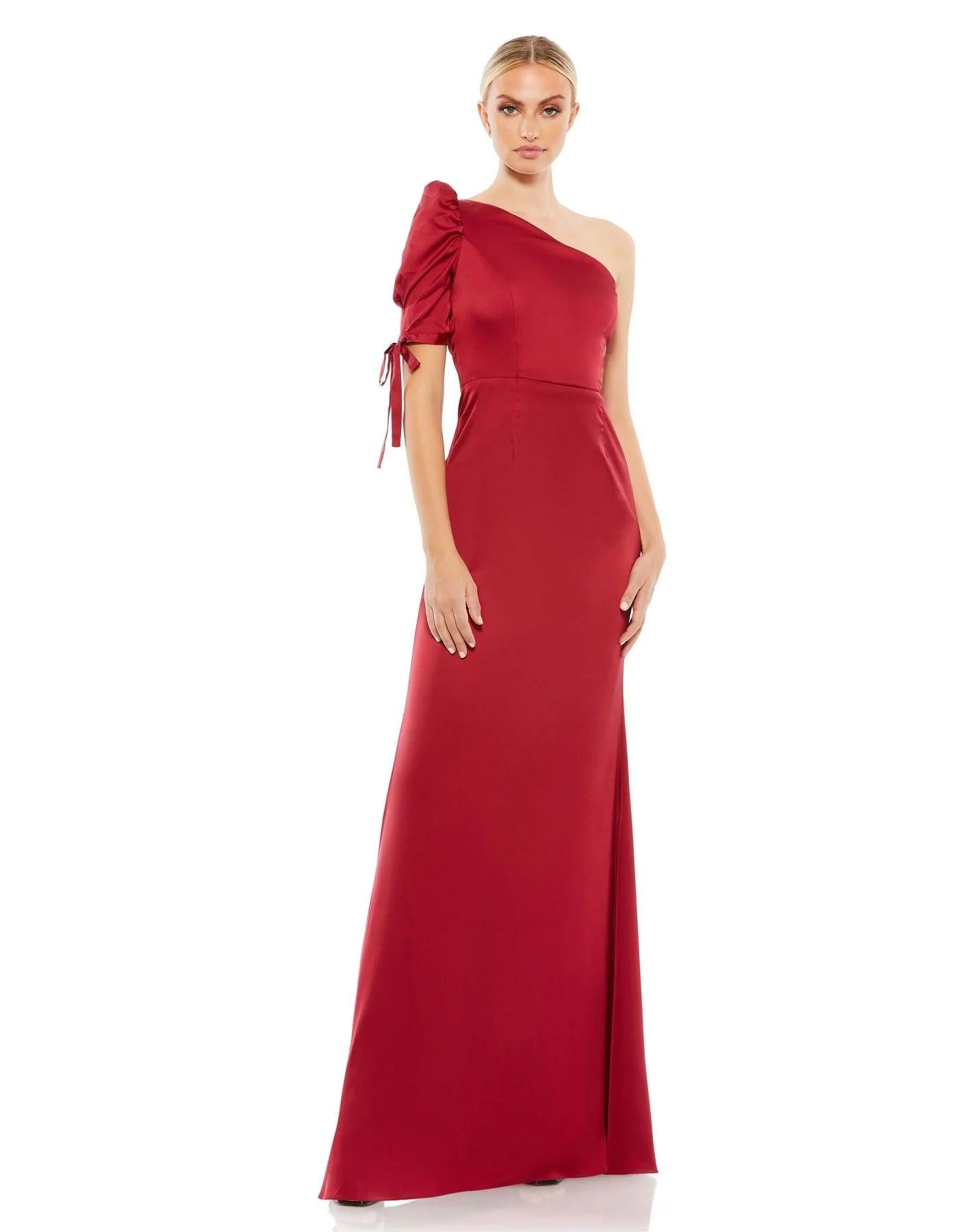 <p>You'll be glamorous to the max in this stunningly gorgeous long dress. Featuring a one shoulder neckline with single puff sleeve and tie bow. Say yes to this dress now. This stylish, versatile dress is just what you need.</p> <p> </p> <p>Fabric : Satin</p> <p>Zipper Back</p> <p>Length : Full Length</p> <p>Sleeve Style : One Shoulder</p> <p>Colors : Deep Red, Empress Green</p> <p>Sizes : 0, 2, 4, 6, 8, 10, 12, 14, 16, 18, 20</p> <p>Fully Lined</p> <p>Occasion : Prom, Formal, Evening Party, Homecoming, Wedding Guest, Red Carpet, Pageant</p>