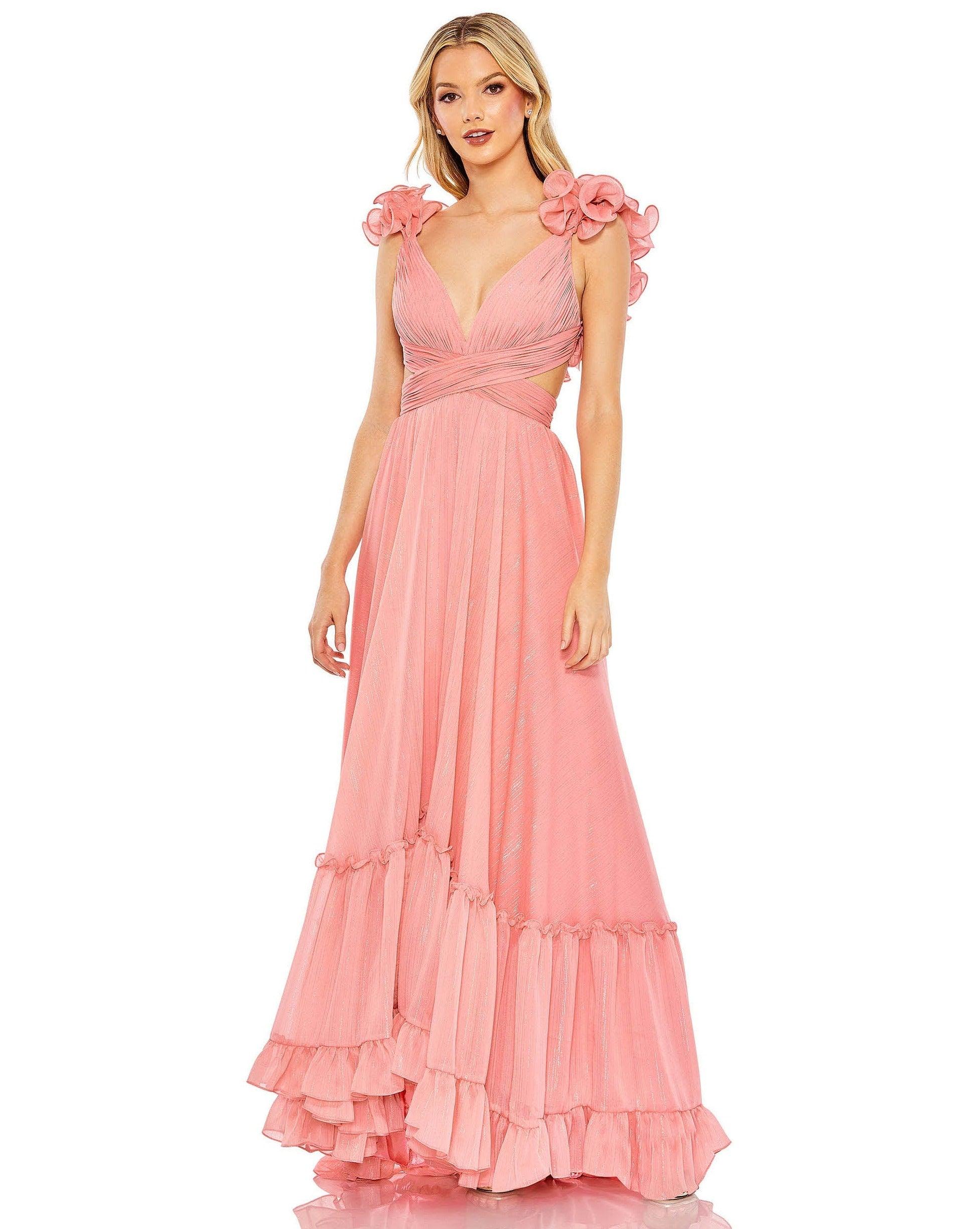 <p>The flowy chiffon fabric makes this dress perfect for any occasion. This ruffled sleeveless dress features plunging V-neckline with a tiered ruffle hem and a sweep train. Say yes to this dress now. This stylish, versatile dress is just what you need.<br><br><br><br>Fabric : Chiffon<br><br>Corset, Zipper Back<br><br>Length : Full Length<br><br>Sleeve Style : Sleeveless<br><br>Color : Coral, Marigold<br><br>Sizes : 0, 2, 4, 6, 8, 10, 12, 14<br><br>Fully Lined<br><br>Occasion : Prom, Formal, Evening Party, Homecoming, Wedding Guest, Red Carpet, Pageant<br></p>