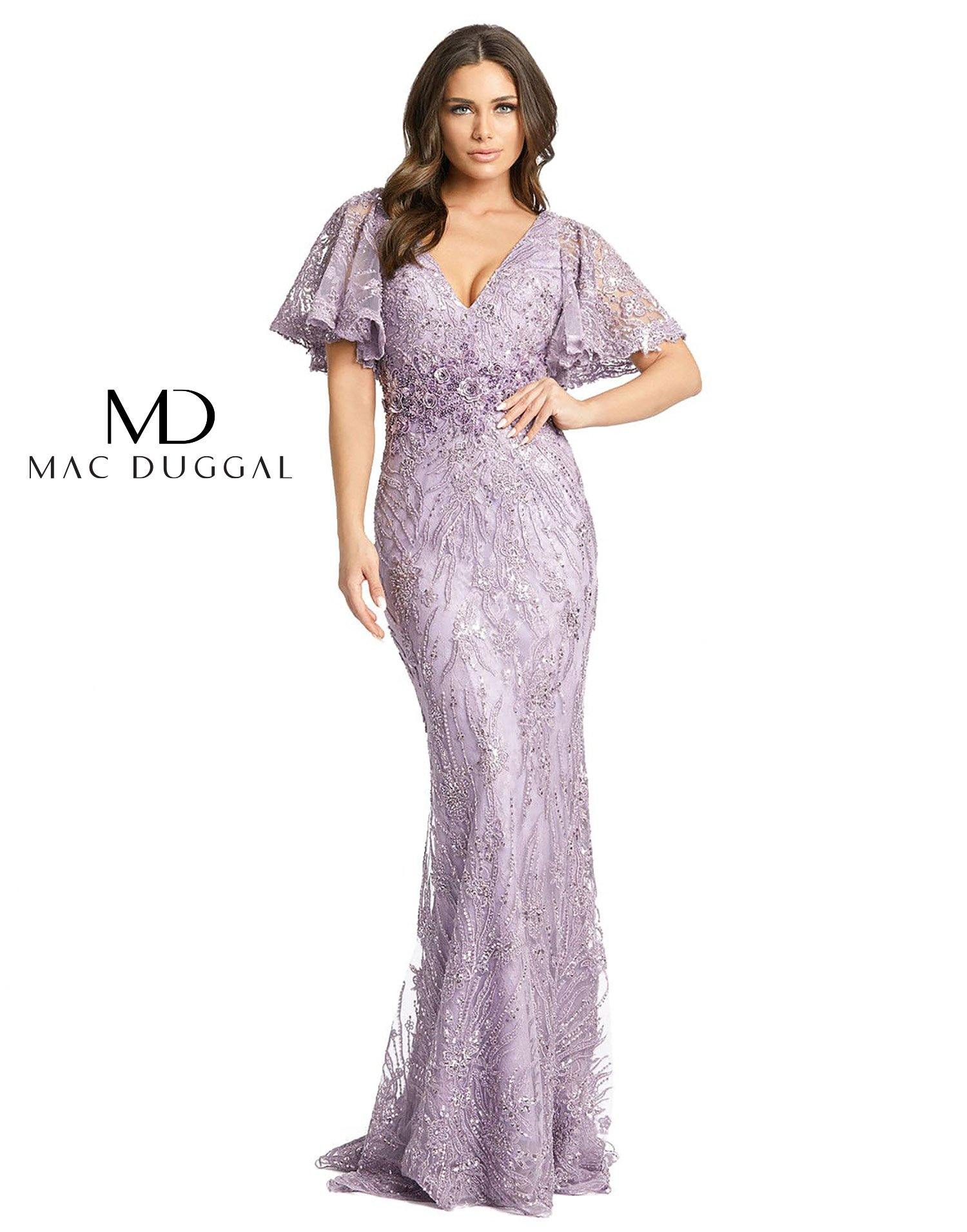 <p>Beautiful embroidery and sparkling pearls adorn the silhouette of this lace dress with a V-neckline tight corsage and short bell sleeves. Featuring a beaded 3D floral appliques embellish the waist of this form fitting formal gown and end with a brush train.</p> <p> </p> <p>Fabric : Lace<br><br>Zipper Back<br><br>Length : Full Length<br><br>Sleeve Style : Butterfly Sleeves<br><br>Colors : Vintage Lilac, Midnight<br><br>Sizes : 2, 4, 6, 8, 10, 12, 14, 16, 18, 20<br><br>Fully Lined</p> <p>Occasion : Formal, Evening Party, Mother of the Bride, Mother of the Groom, Church, Wedding Guest</p>